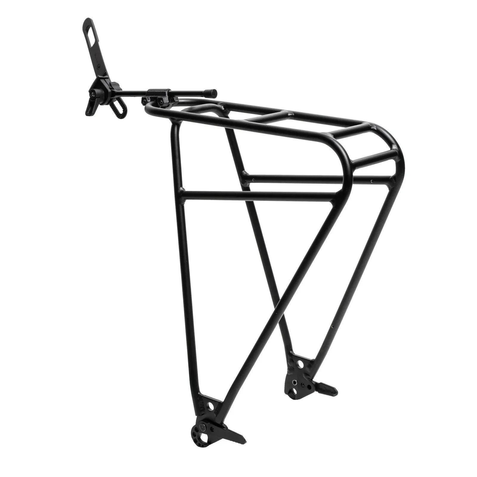 Black bicycle rear rack on a white background