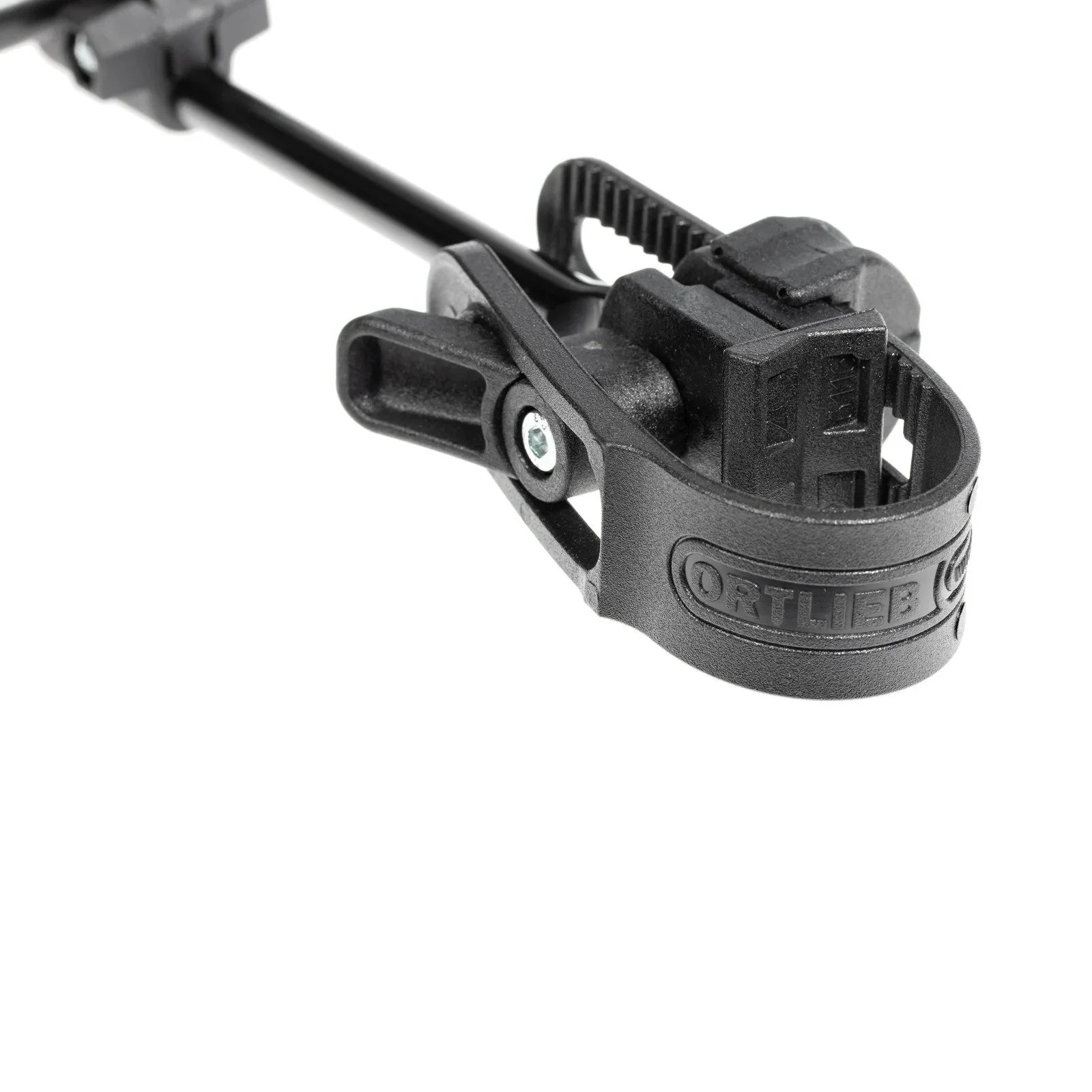 Black bicycle accessory holder with Ortlieb branding on a white background