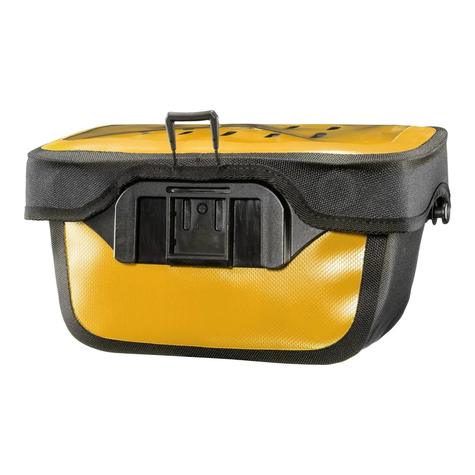 Yellow and black Ortleb handlebar bag for bicycles with a handle on a white background