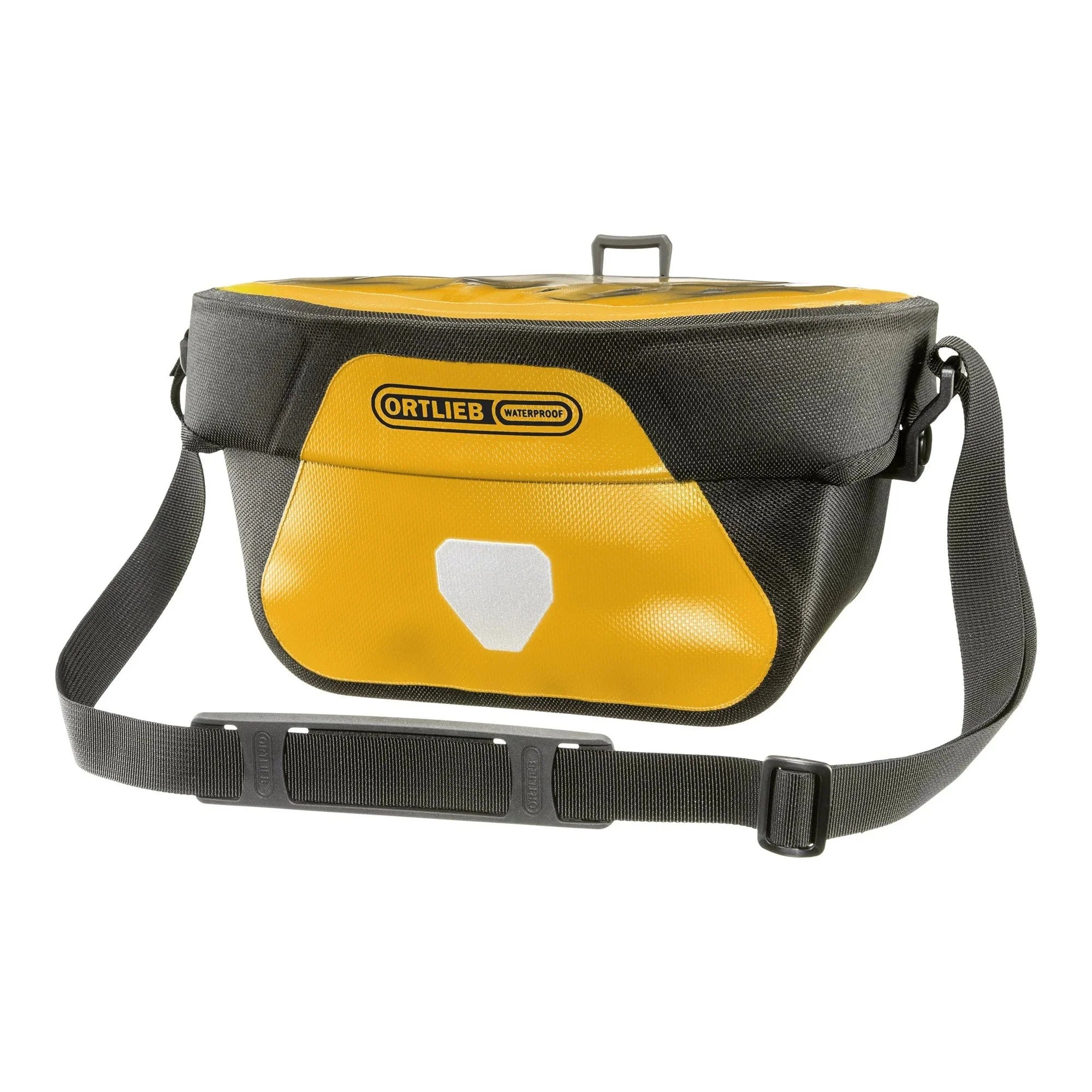 Yellow and black Ortlieb handlebar bag with a visible brand logo on a white background