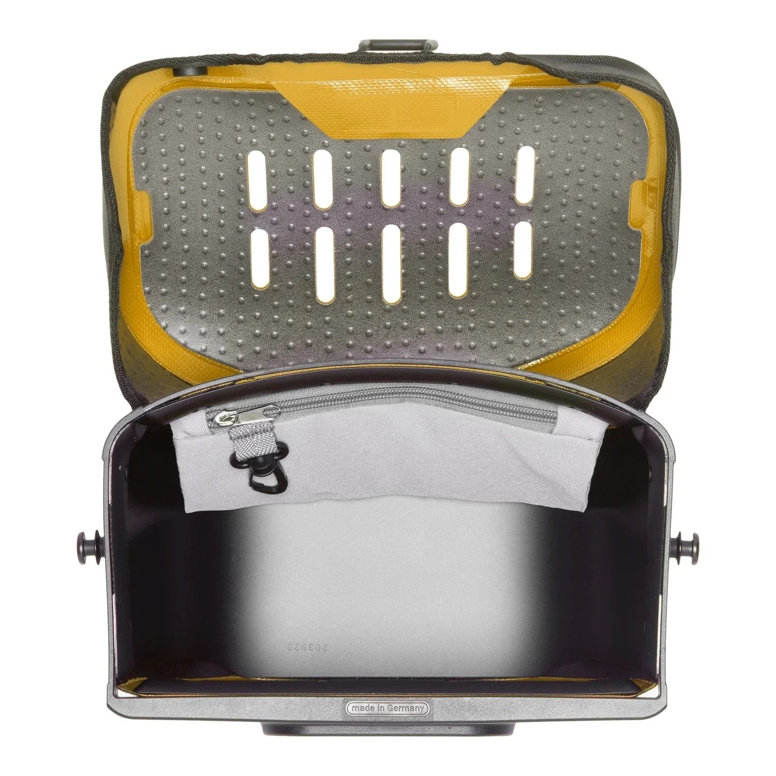 Open Ortlieb handlebar bag for bikes with gray interior and yellow exterior on a white background