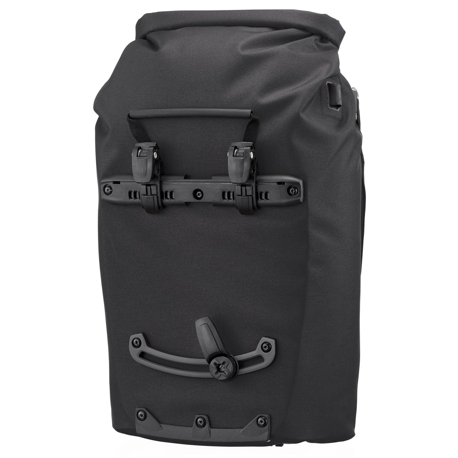 Black backpack with a buckle on a white background