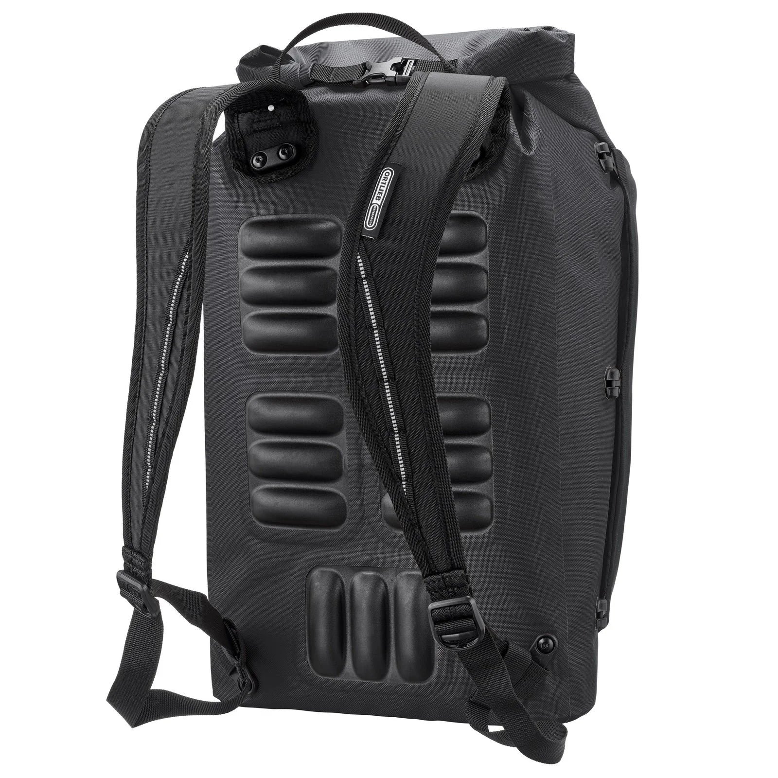 Black backpack with textured back panel on a white background