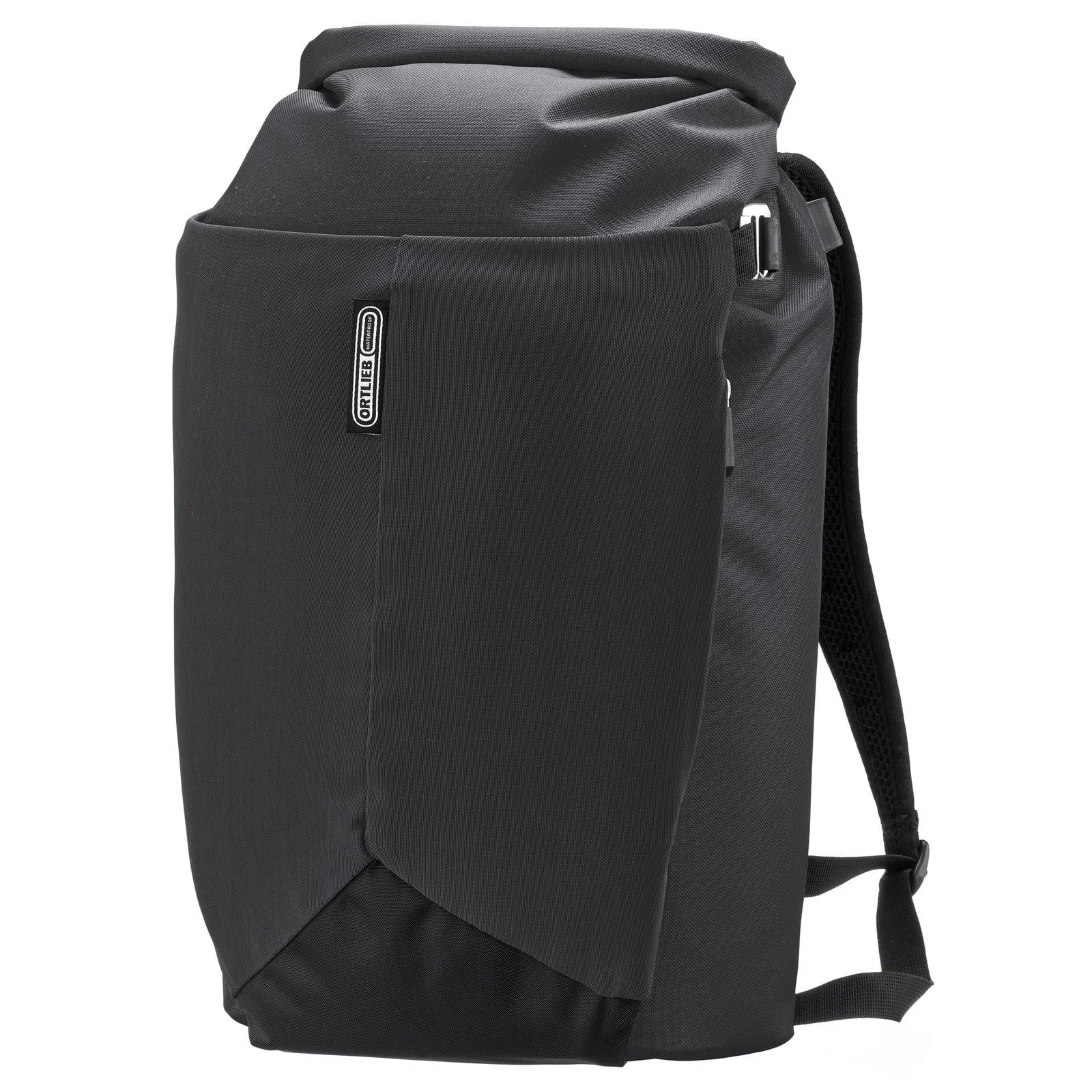 Black backpack with a visible brand logo on a white background