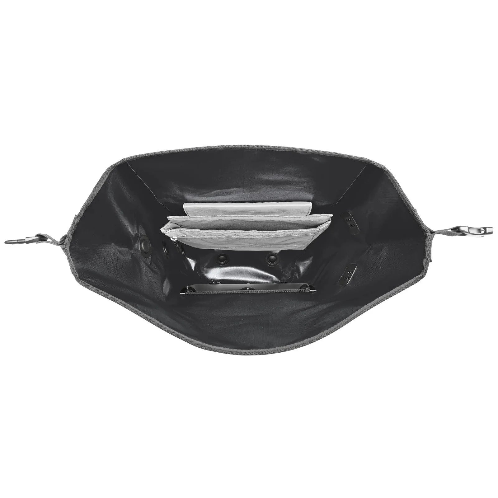 Black pannier bag form above with visible interior on a white background