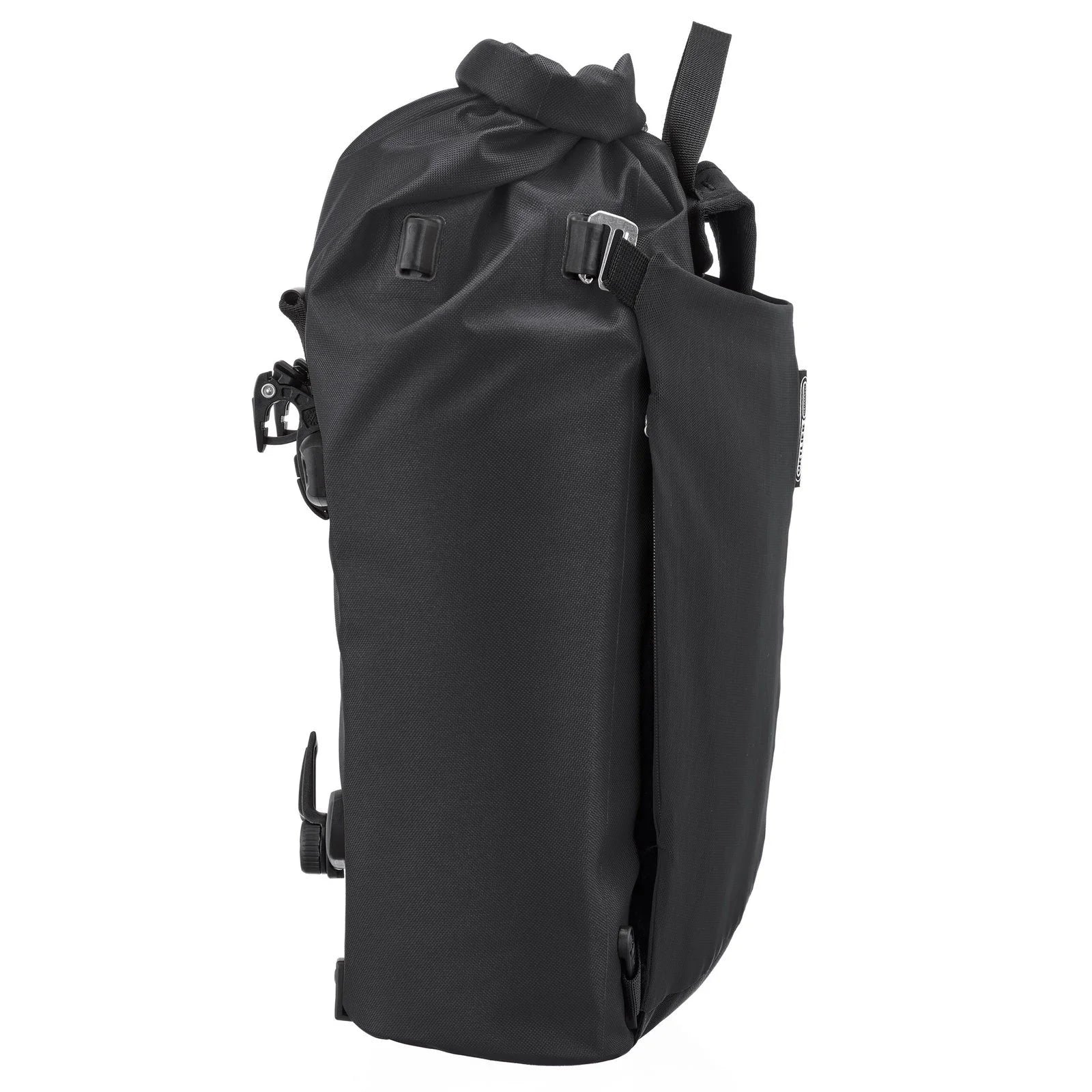 Black backpack with multiple straps on a white background