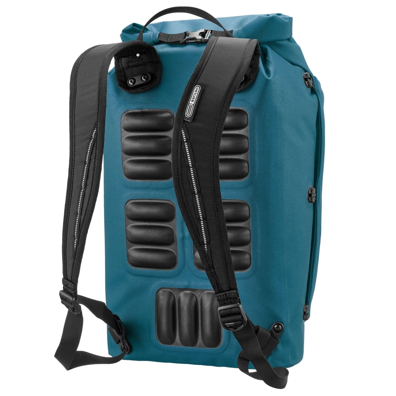Blue backpack with black shoulder straps and padding on a white background