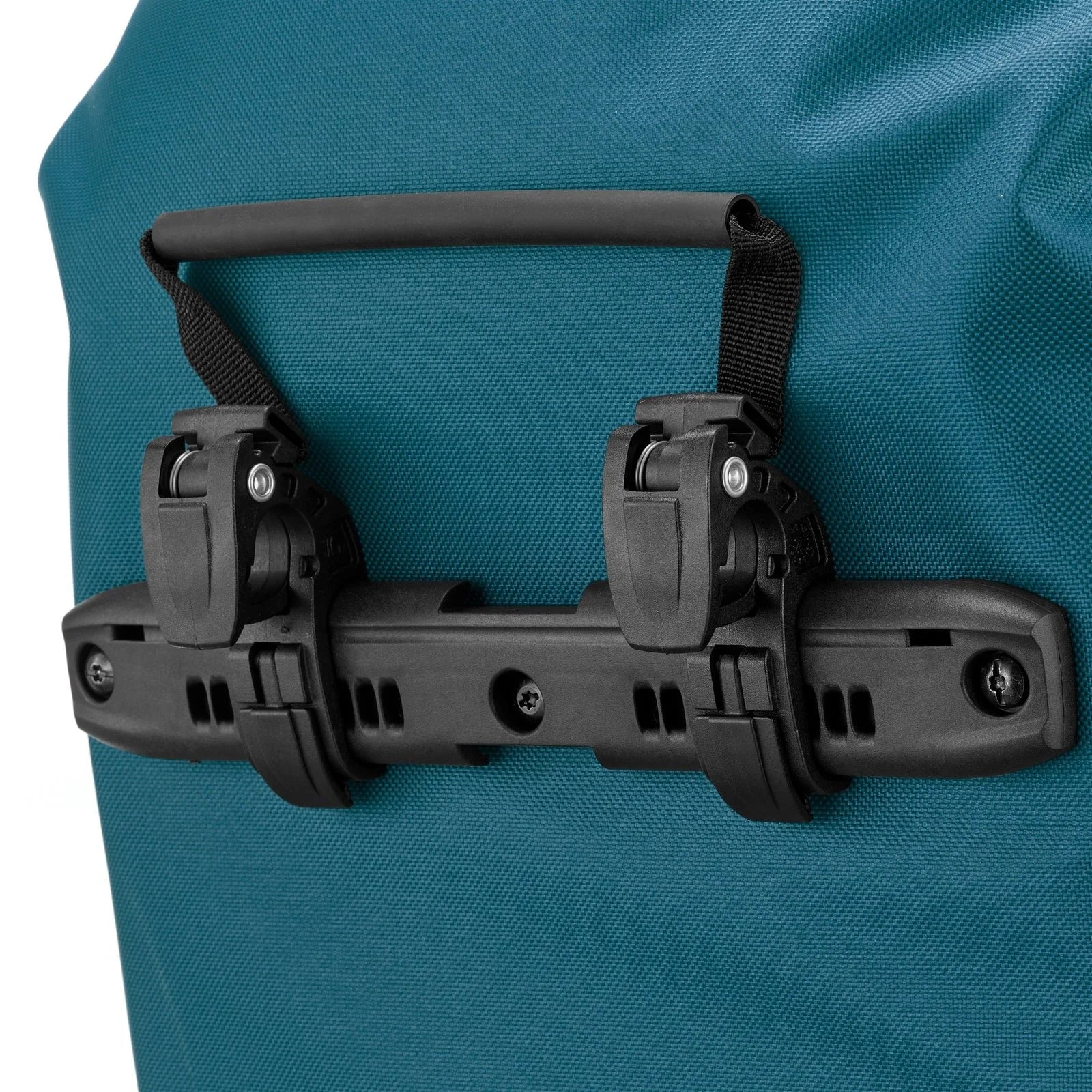 Black bike carrier mount on a teal bag