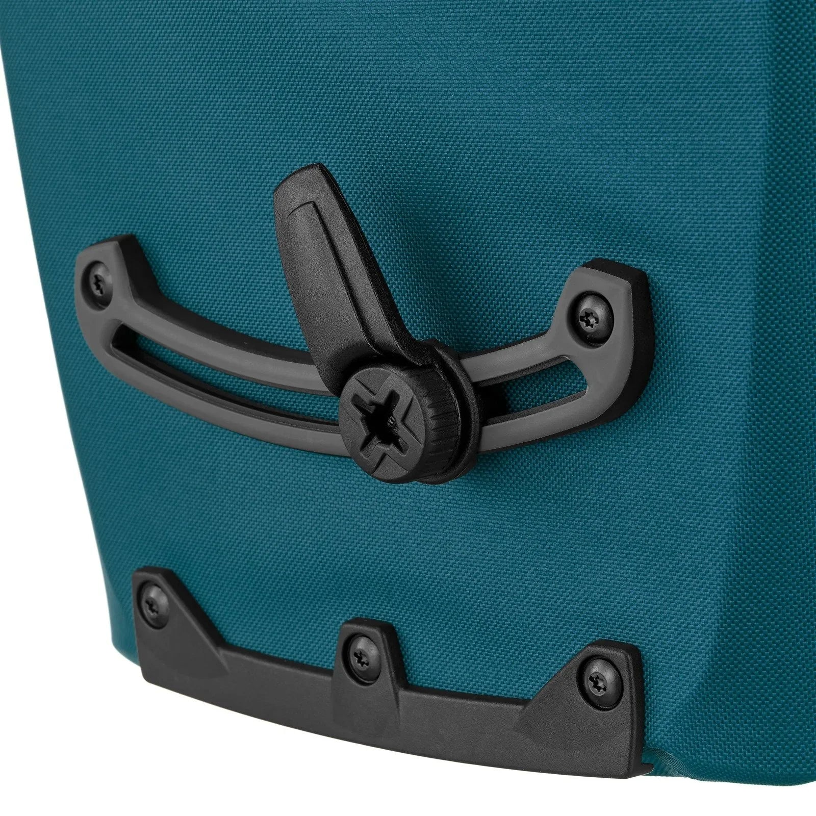 Close-up of a teal pannier with a black handle and lock mechanism.