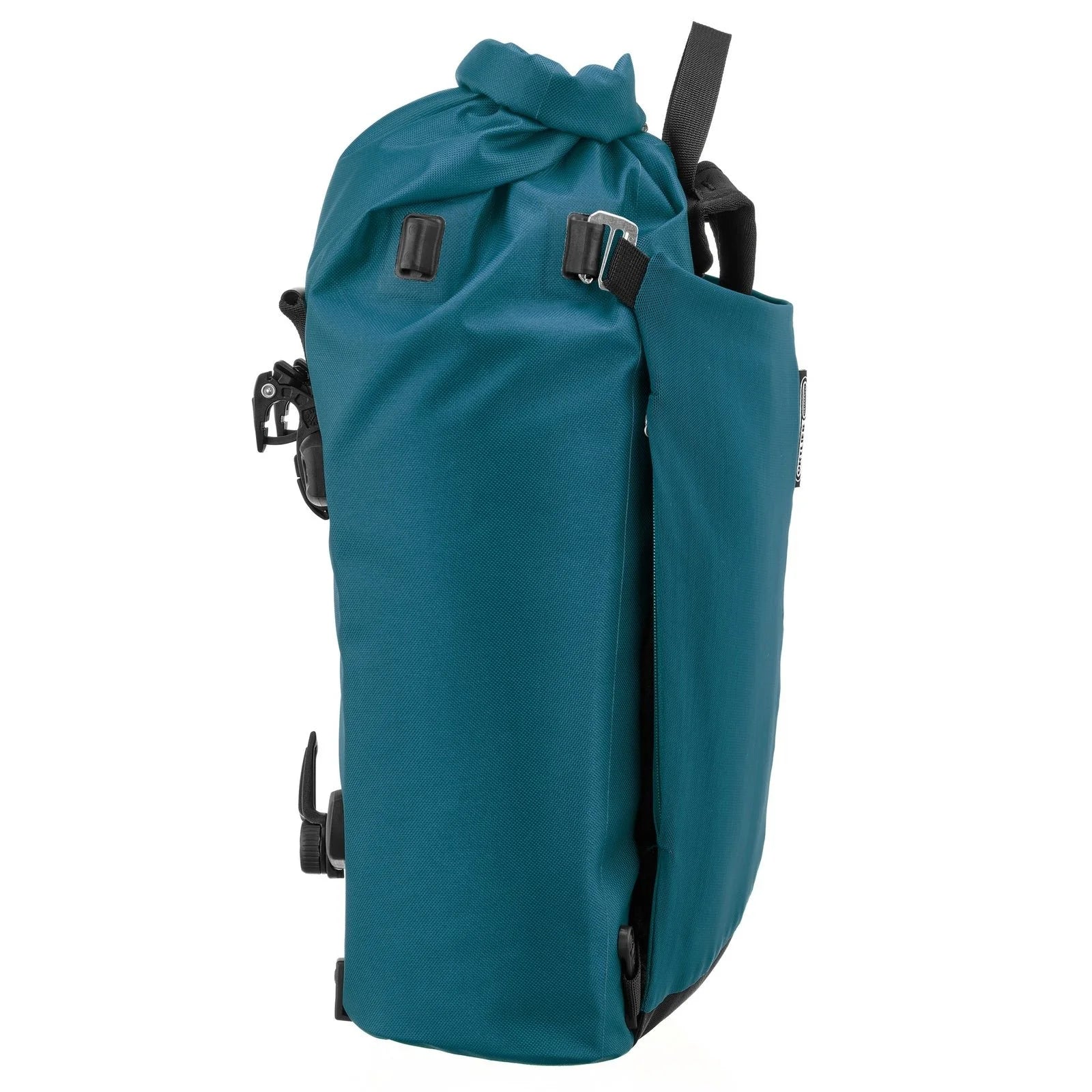 Teal backpack with black straps on a white background
