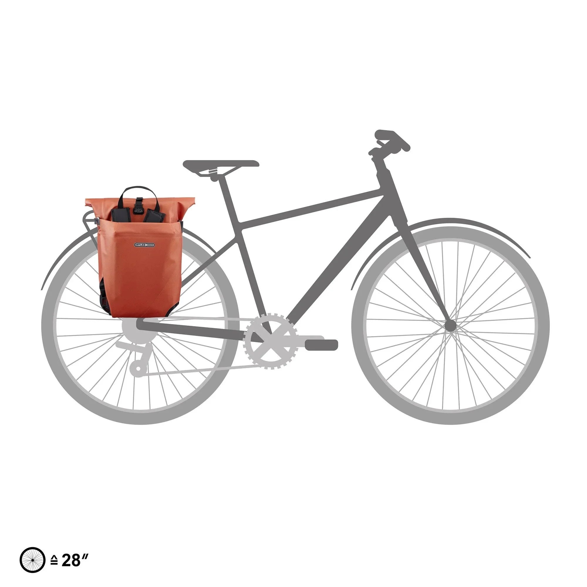 Bicycle with an orange pannier bag on a white background