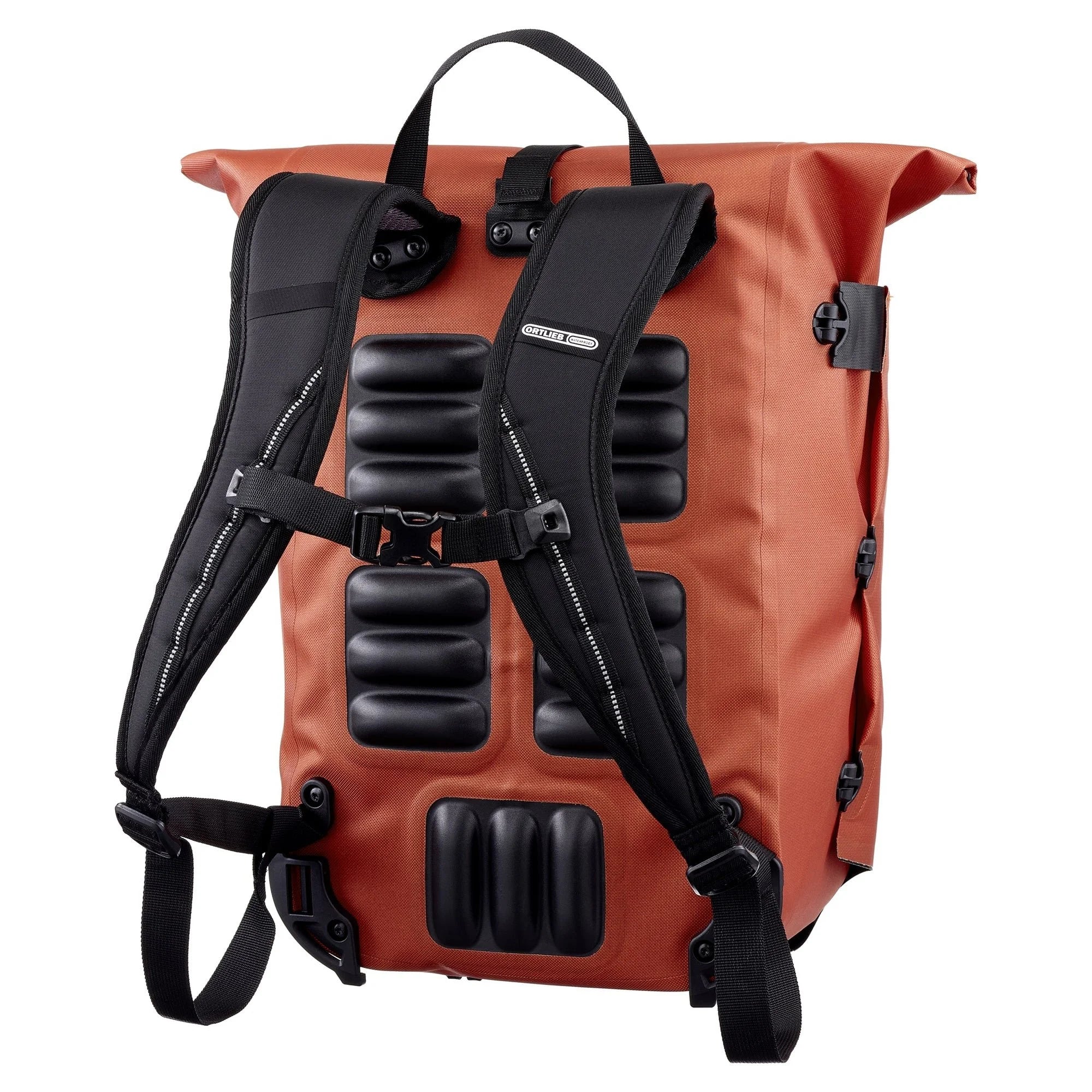 Orange pannier and backpack with black straps and padding on a white background
