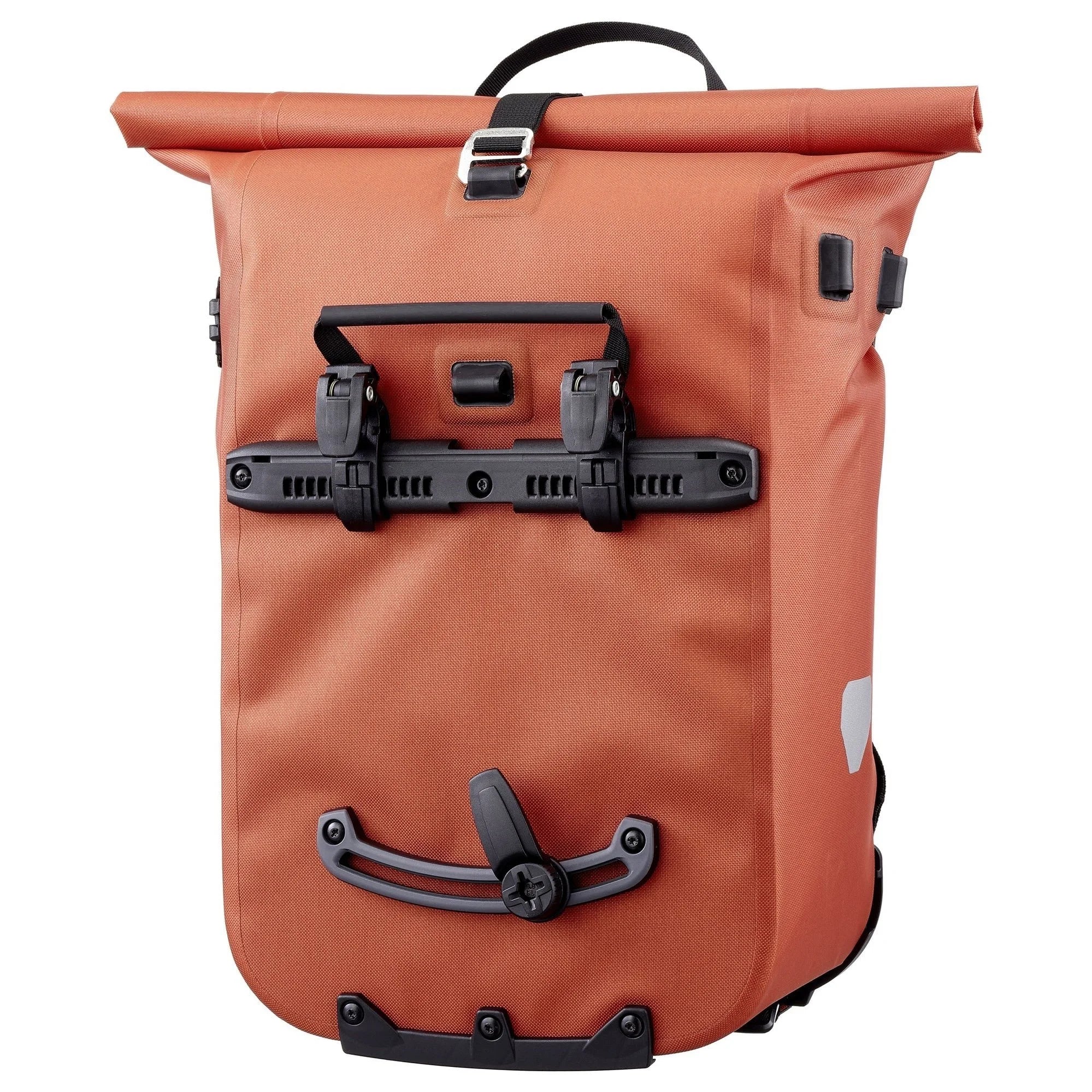 Orange roll-top backpack and pannier bag  with black hardware on a white background