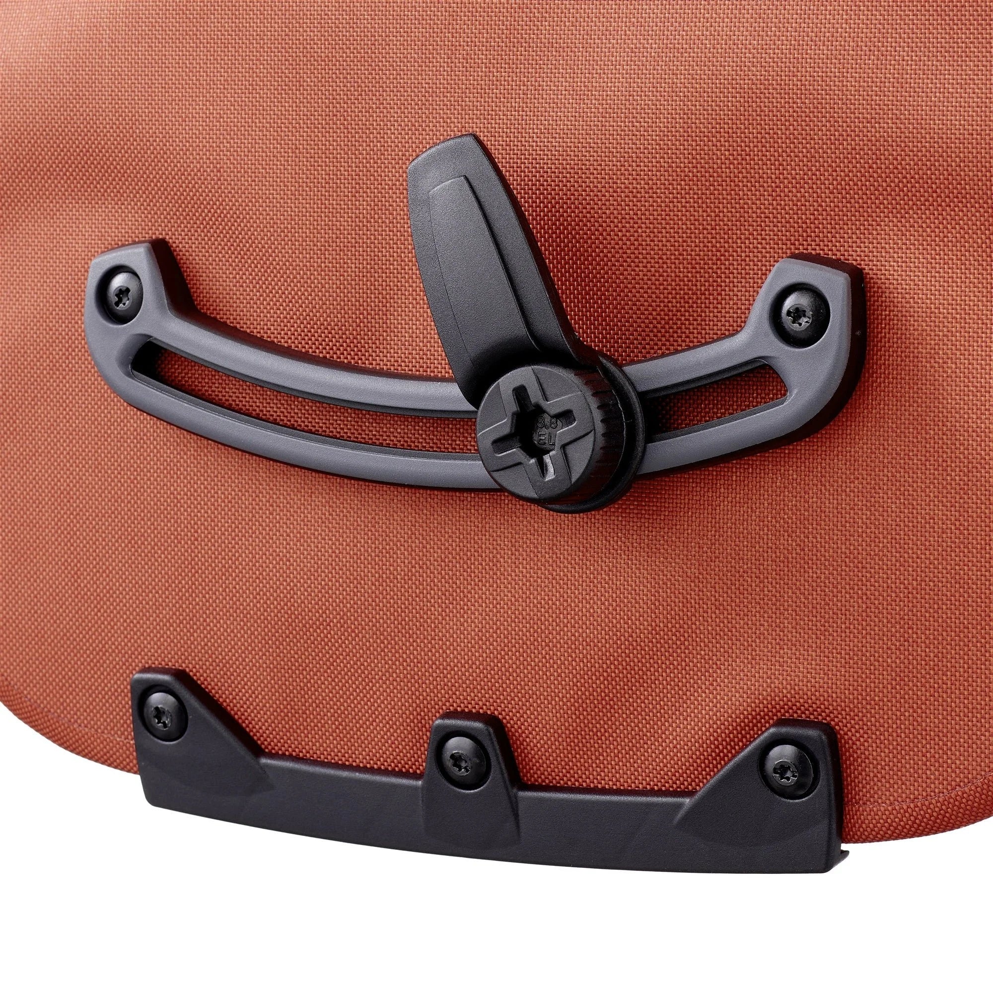 Close-up of an orange  bag with a black handle and clasp.
