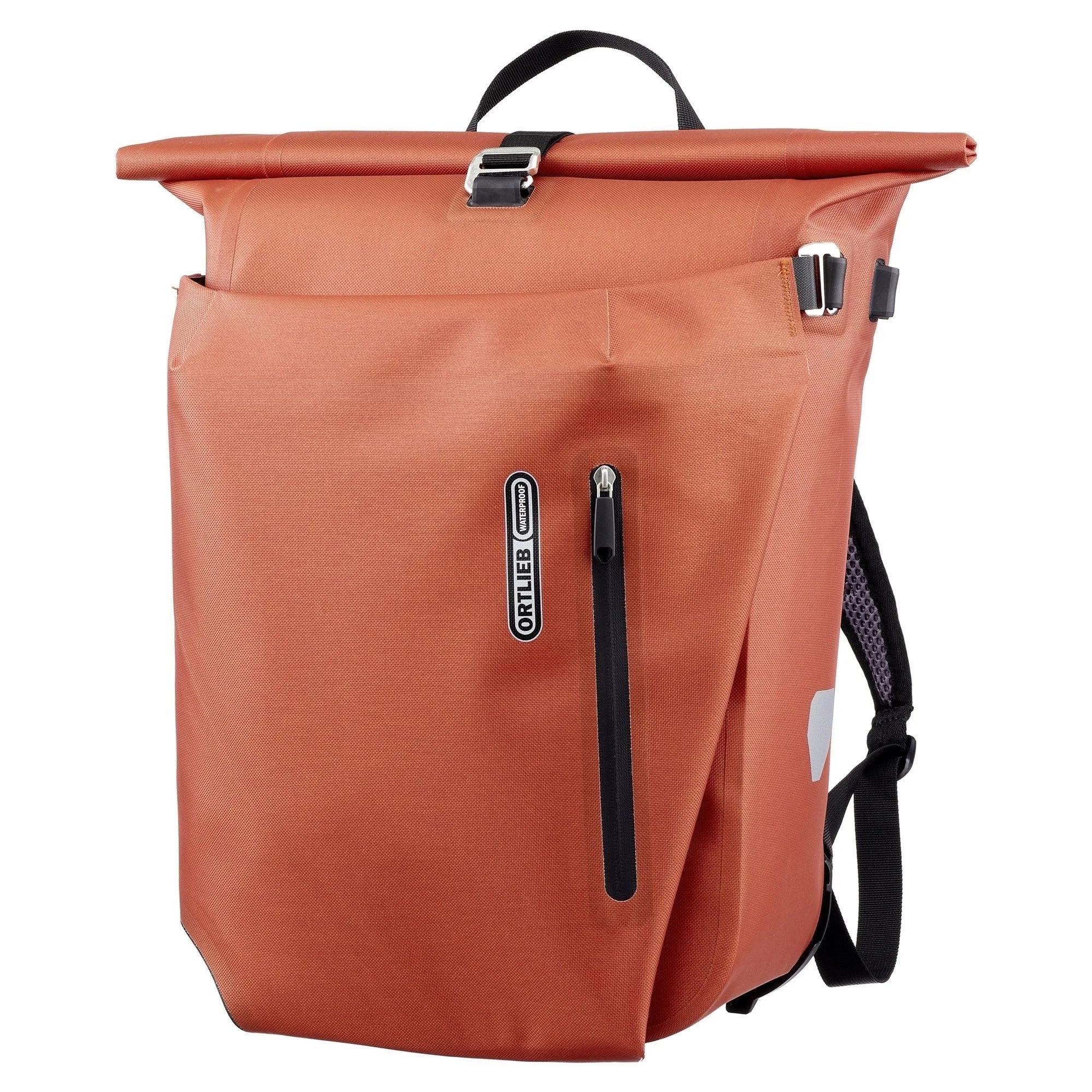 Orange roll-top pannier bag and backpack with black straps on a white background