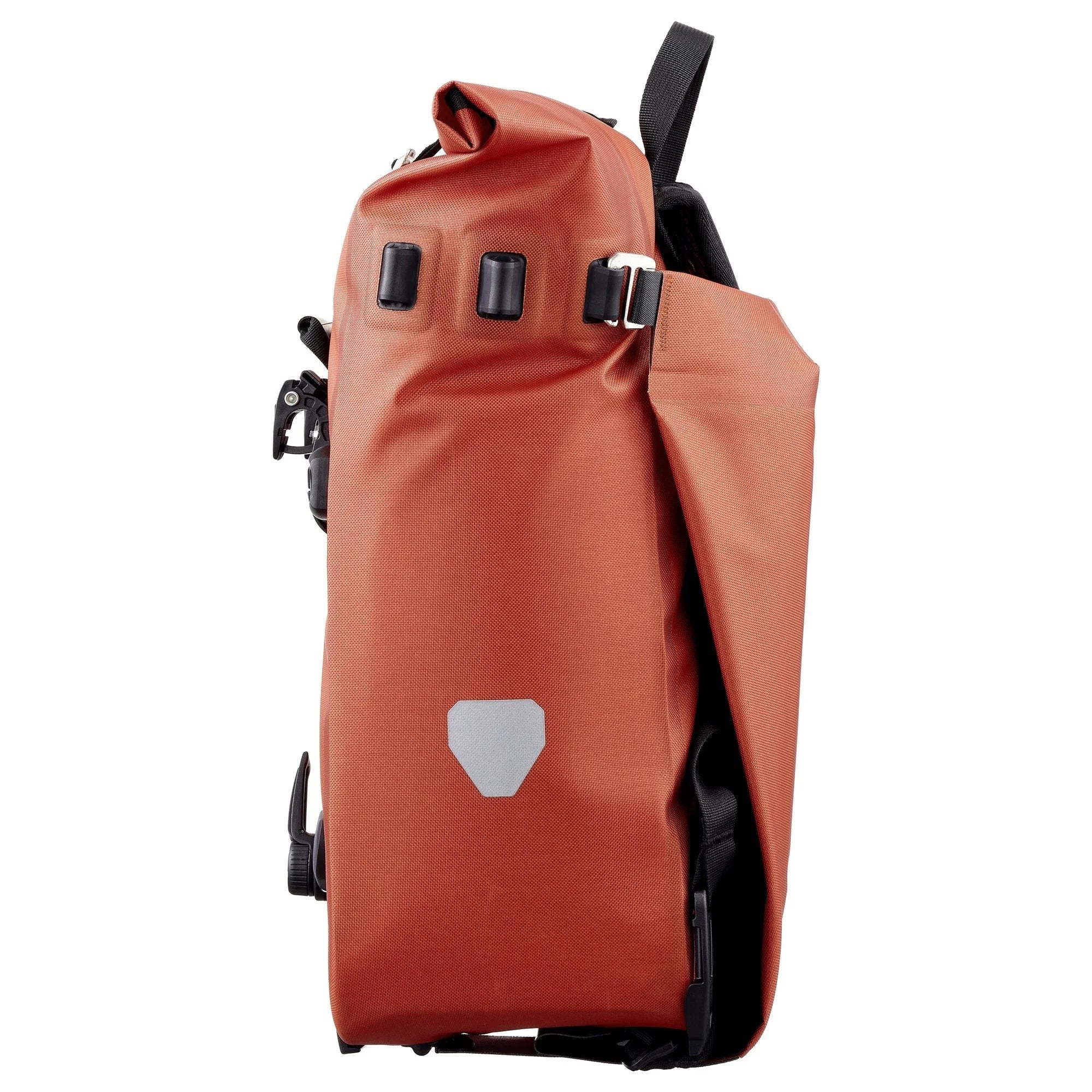 Orange backpack and pannier with a visible brand logo on a white background