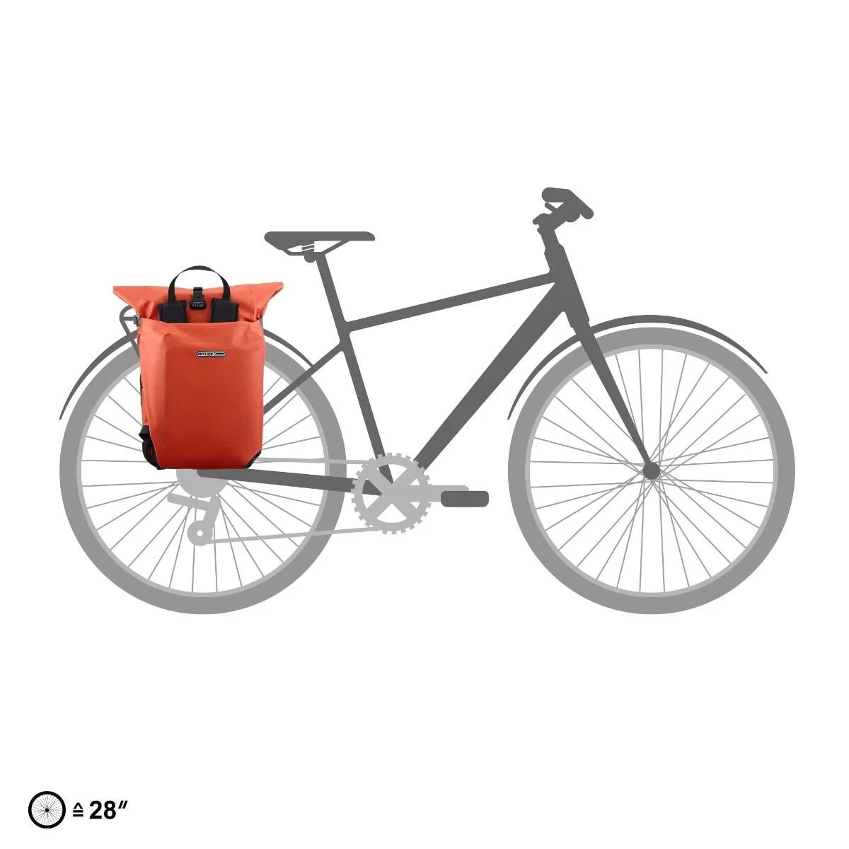 Bicycle with an orange pannier bag attached to the rear, on a white background