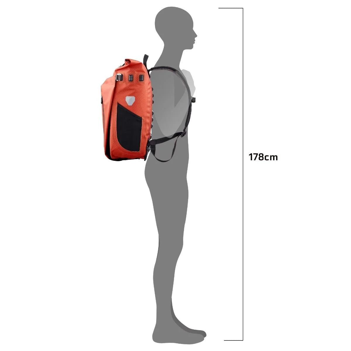 Orange backpack with measurement details on a white background