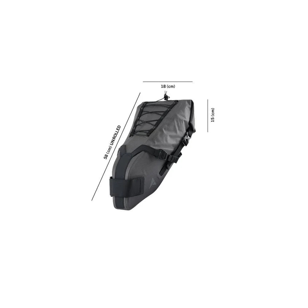 Black and gray saddle bag with sizes on a white background