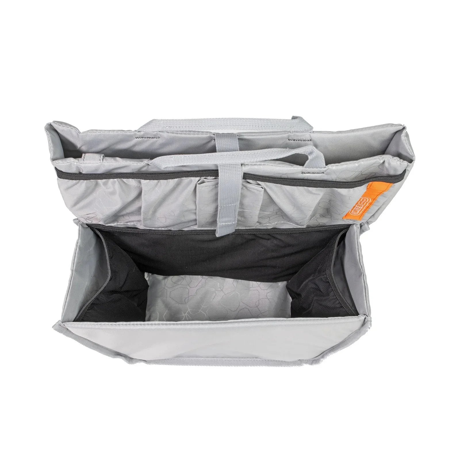 Gray and black pannier bag with orange tag on a white background
