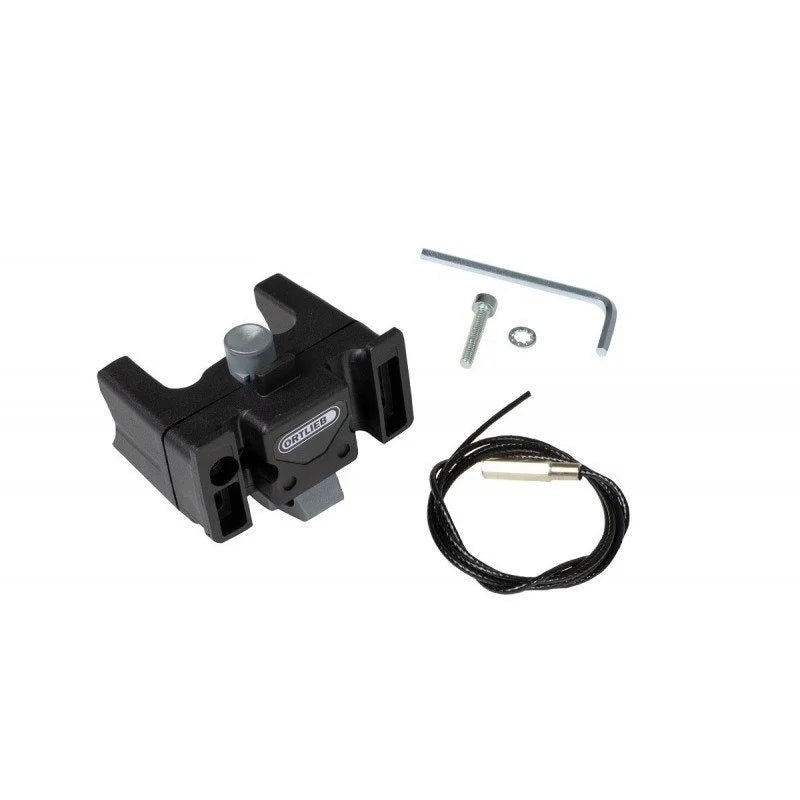 Black metal accessory bracket with cable and hardware on a white background