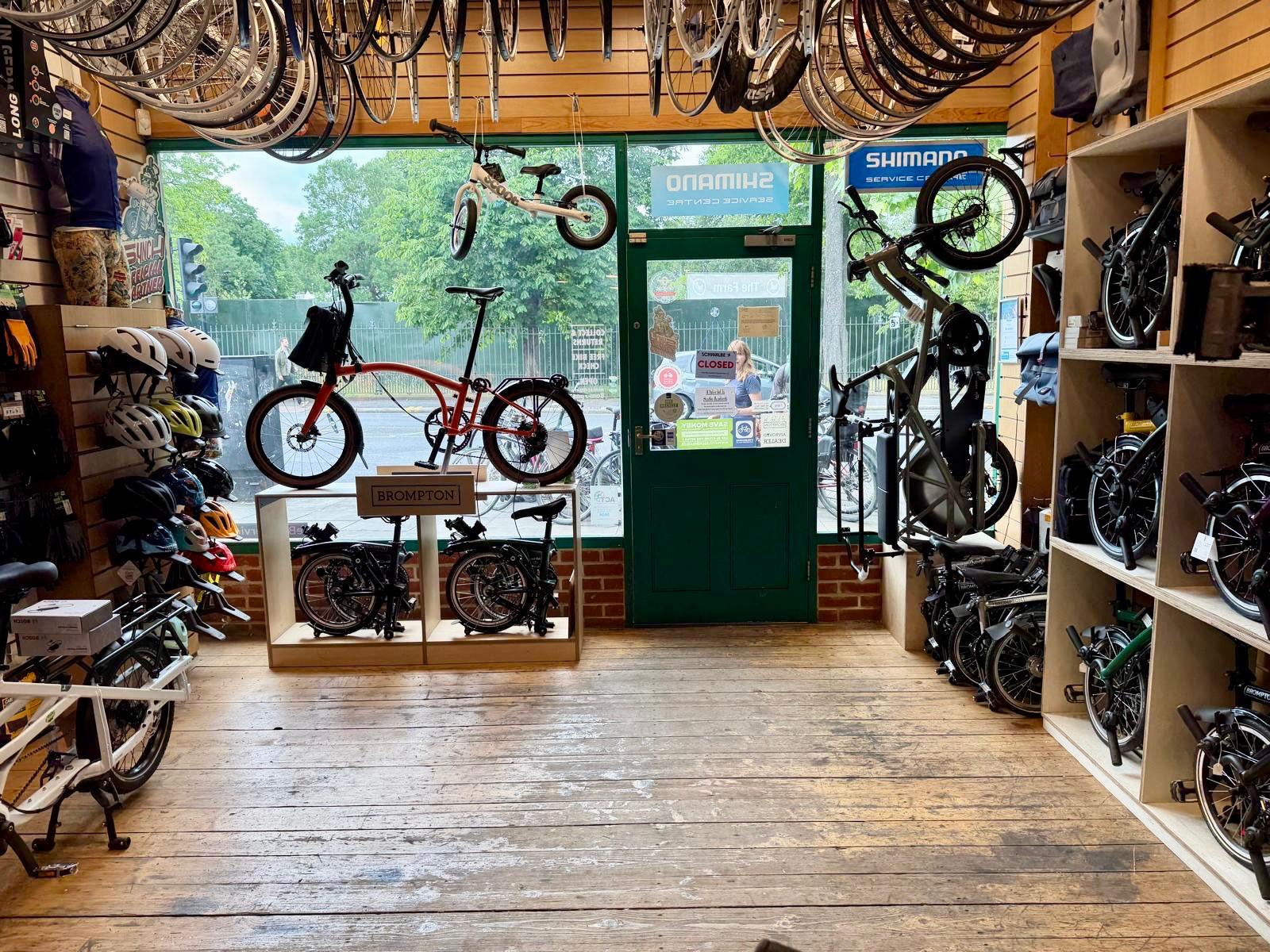 Bicycle store interior with various bicycles on display