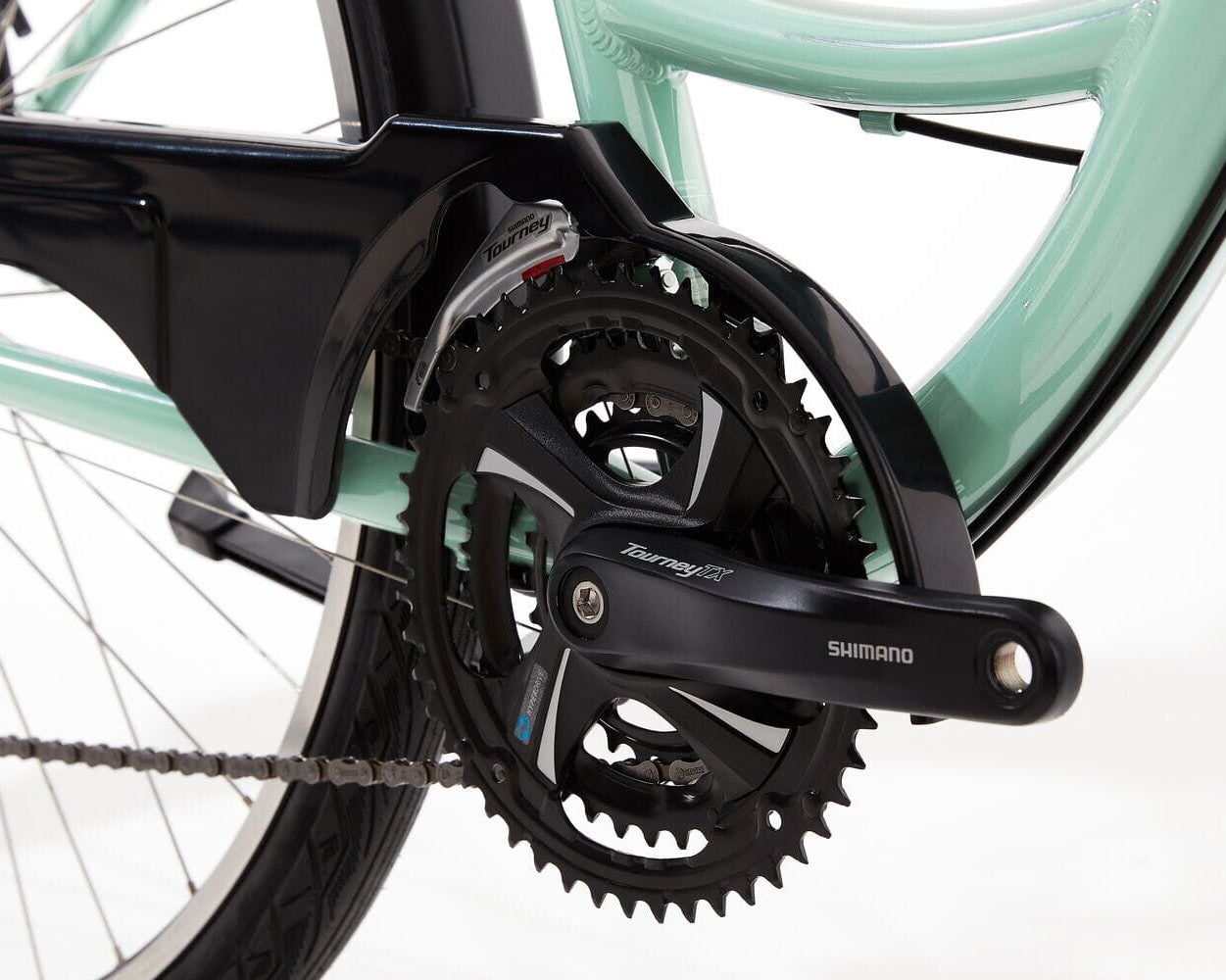 Close up of a bicycle chain set on a white background
