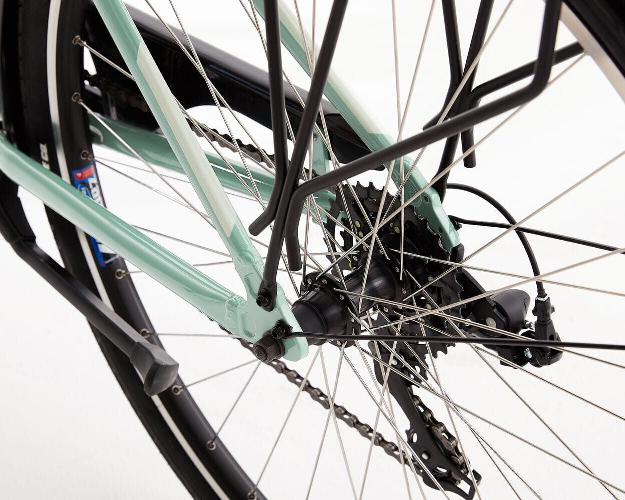 Close up of a bicycle drivetrain on a white backgrund