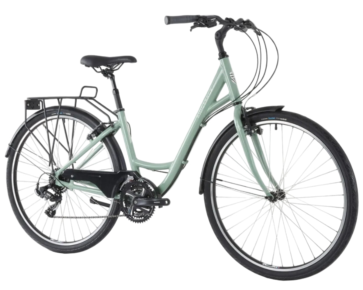 Green ridgeback Avenida bike on a white background