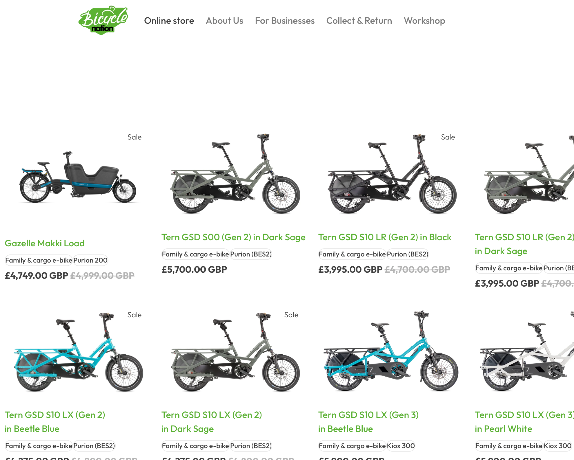 Online store page with electric bikes for sale, featuring various models and prices.