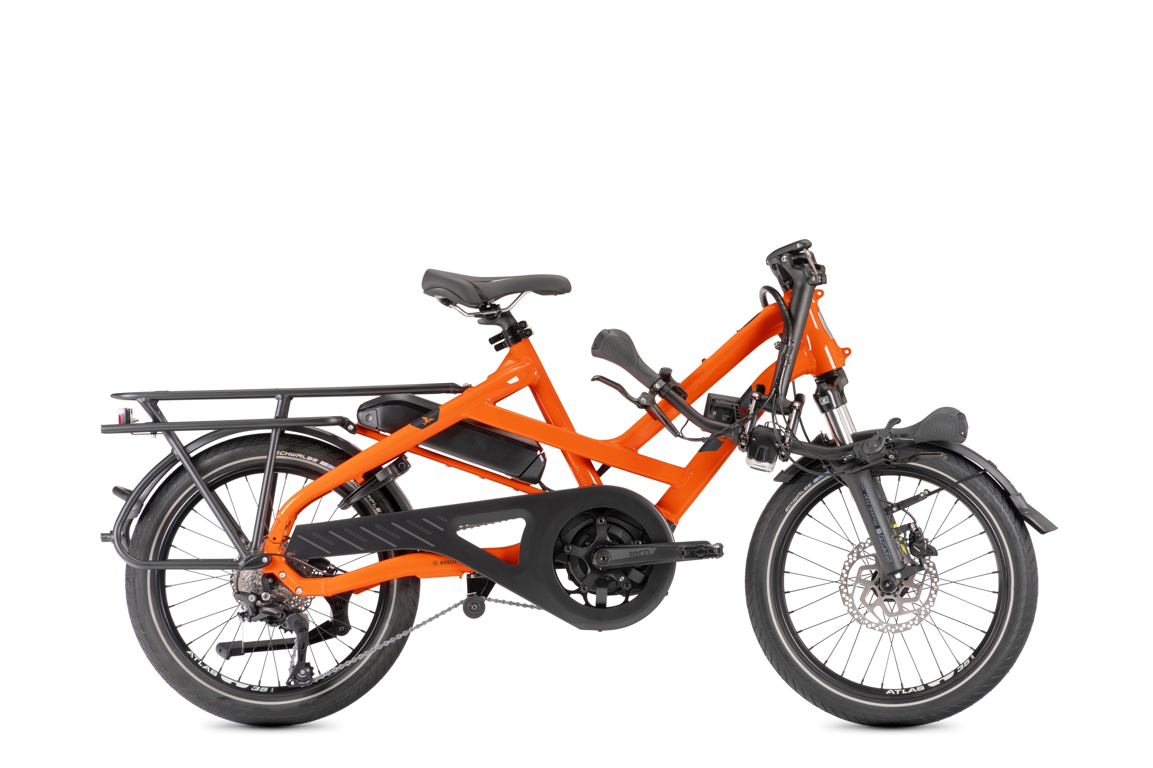 A semi-folded orange cargo bicycle on a white background.