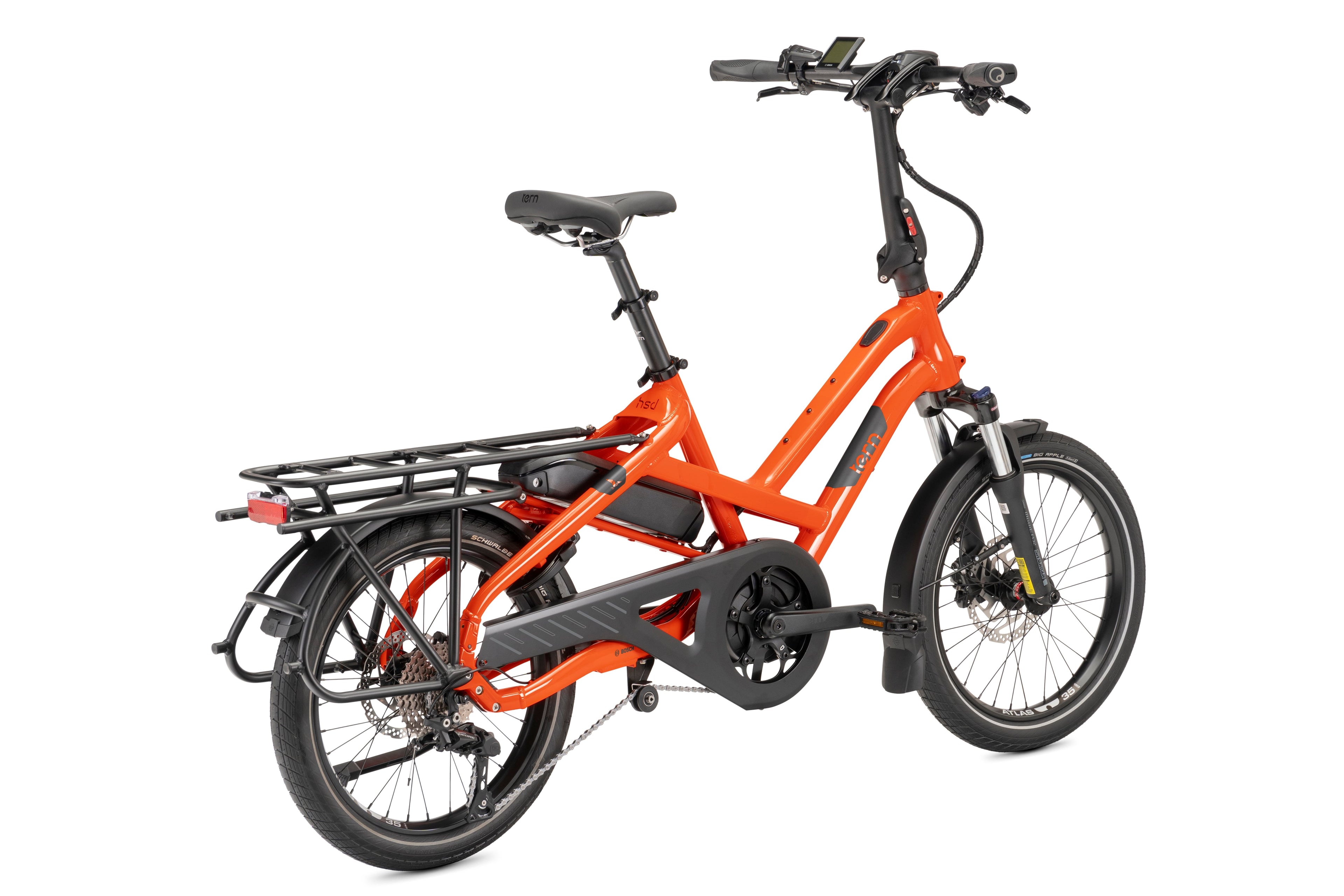 Orange electric bike with a black seat on a white background
