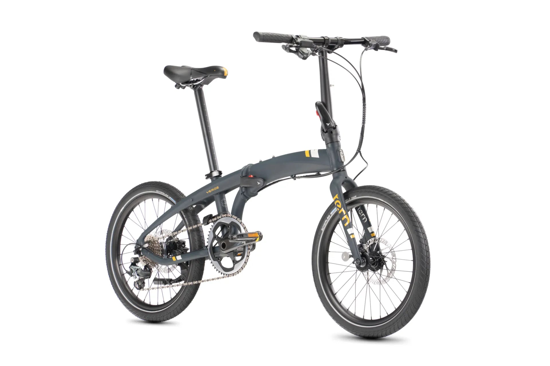 A folding electric bicycle in dark gray with black components, shown from a side profile on a clean white background.