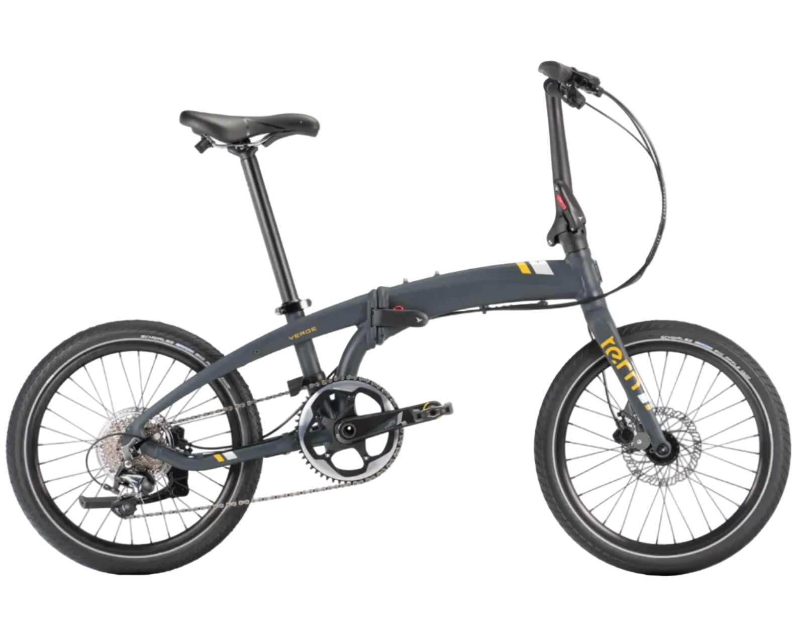 A dark grey folding electric bicycle with black components, featuring a visible 'Tern' brand logo on the front fork, set against a plain white background.