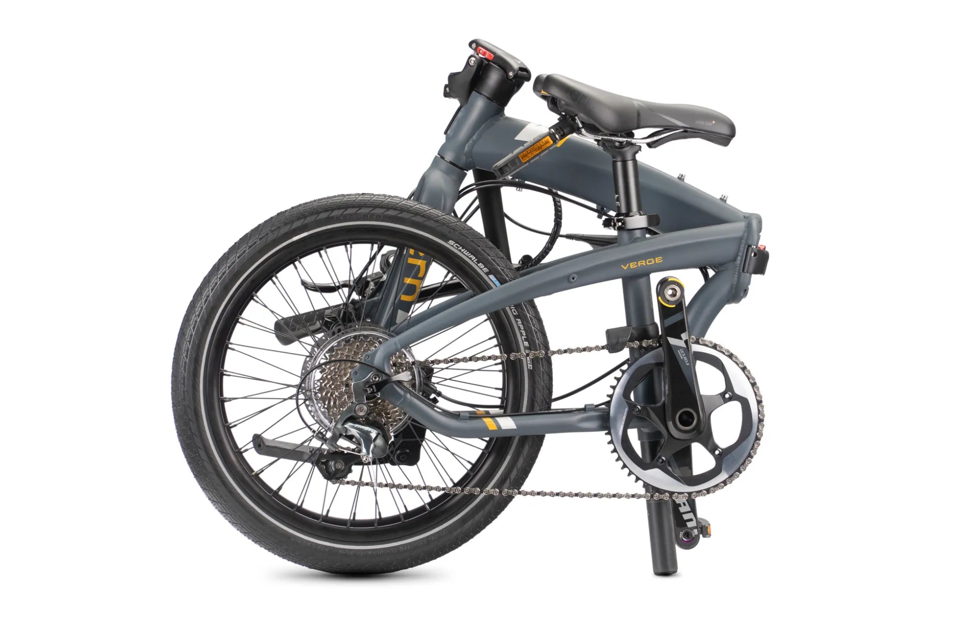 A folded bicycle in dark gray with black components, shown from the side against a plain white background.