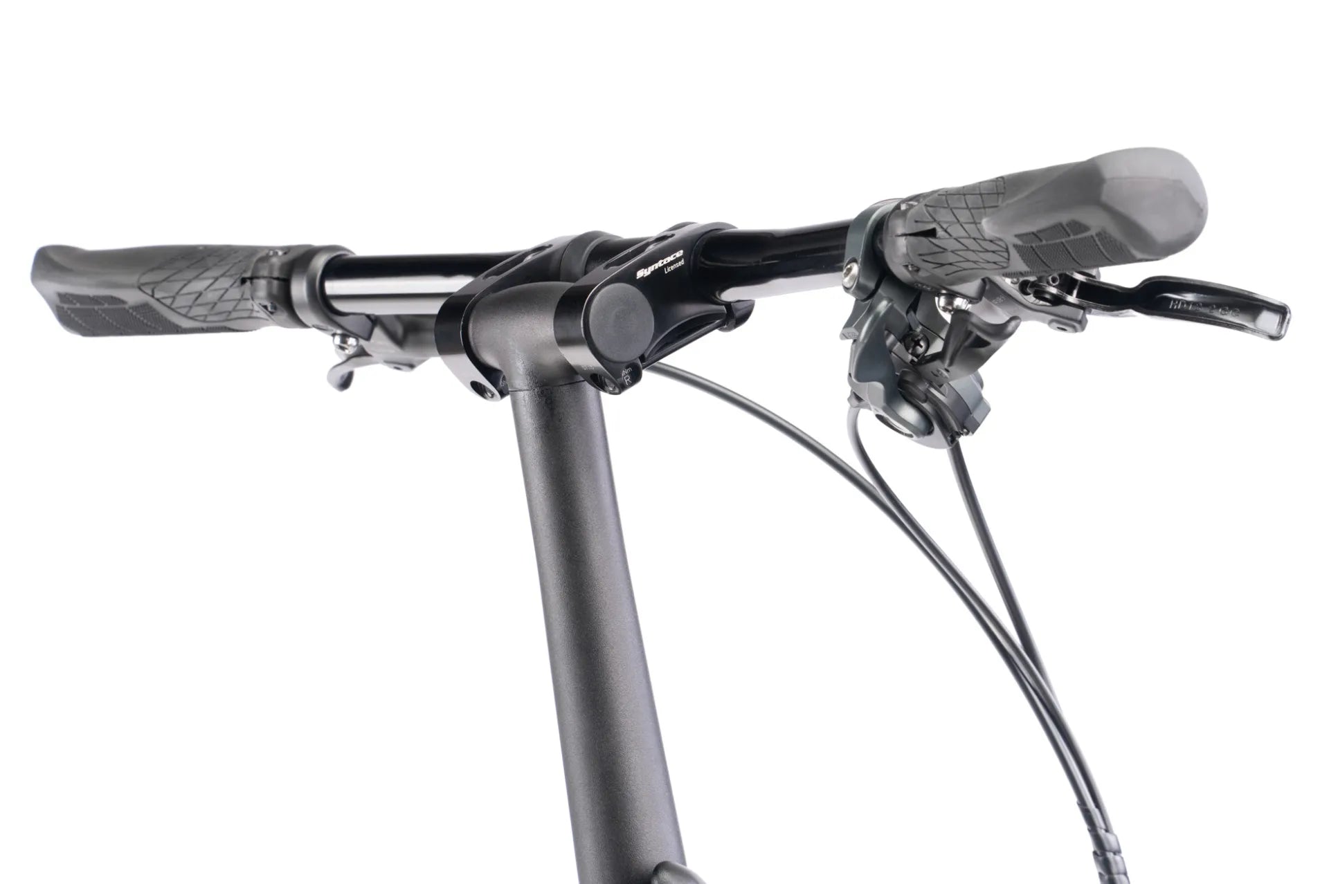 Close-up of a bicycle handlebar assembly with black grips, brake levers, and cables on a white background.