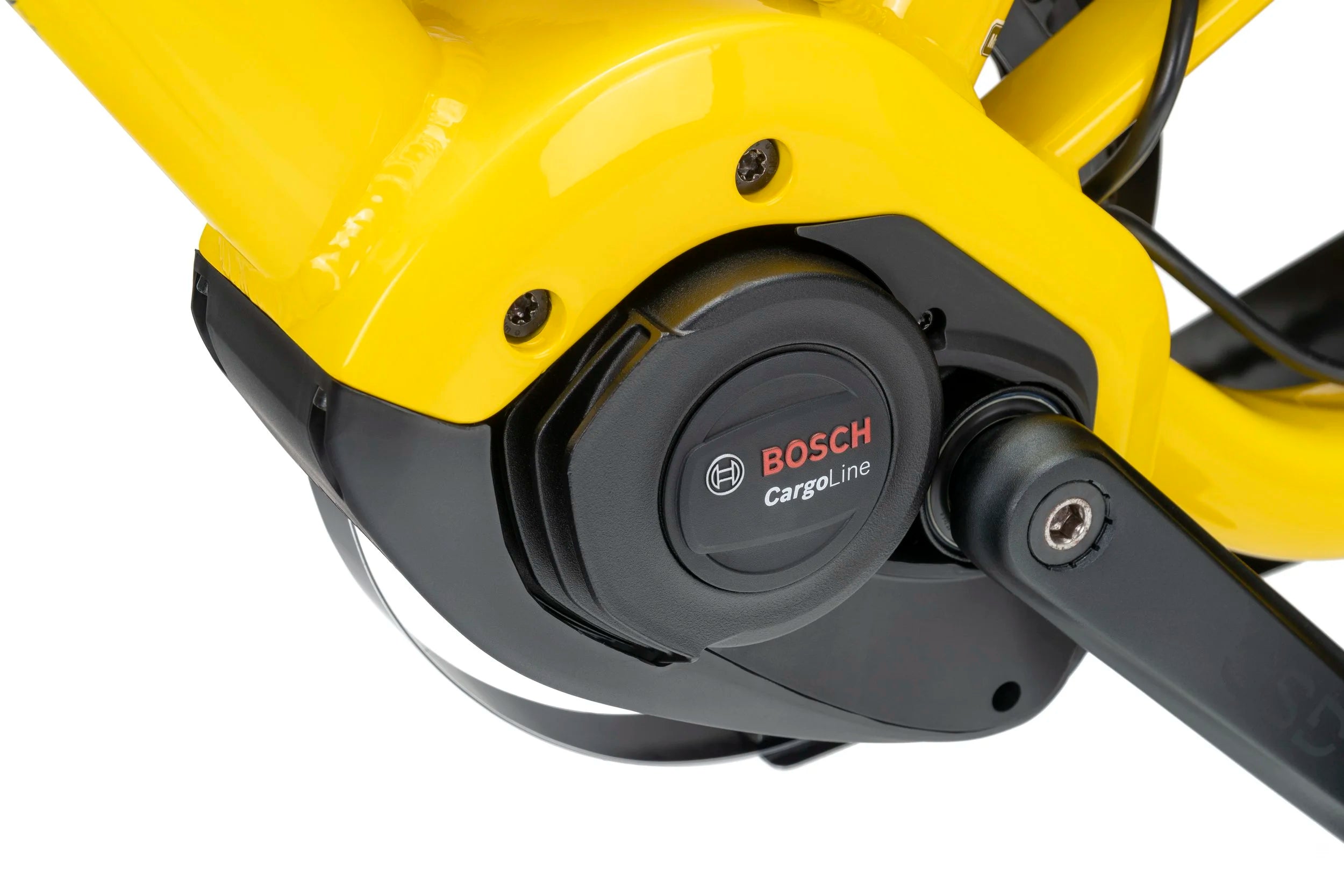 Close-up of a yellow electric bike with Bosch CargoLine branding on a white background