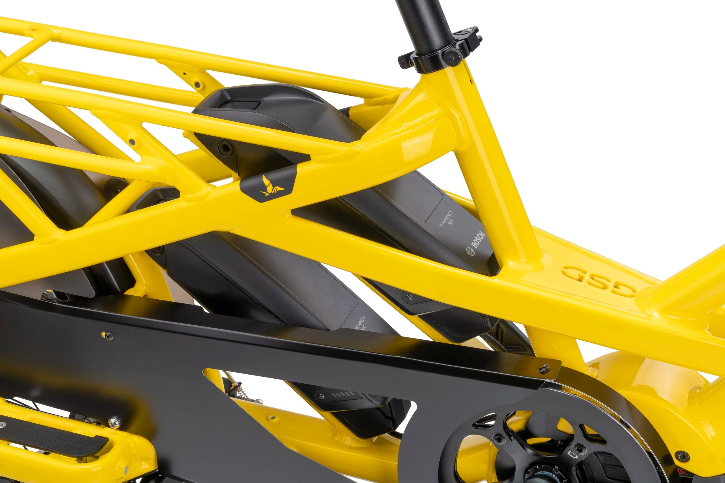 Close-up of a yellow Tern GSD cargo e-bike frame with visible branding on a white background