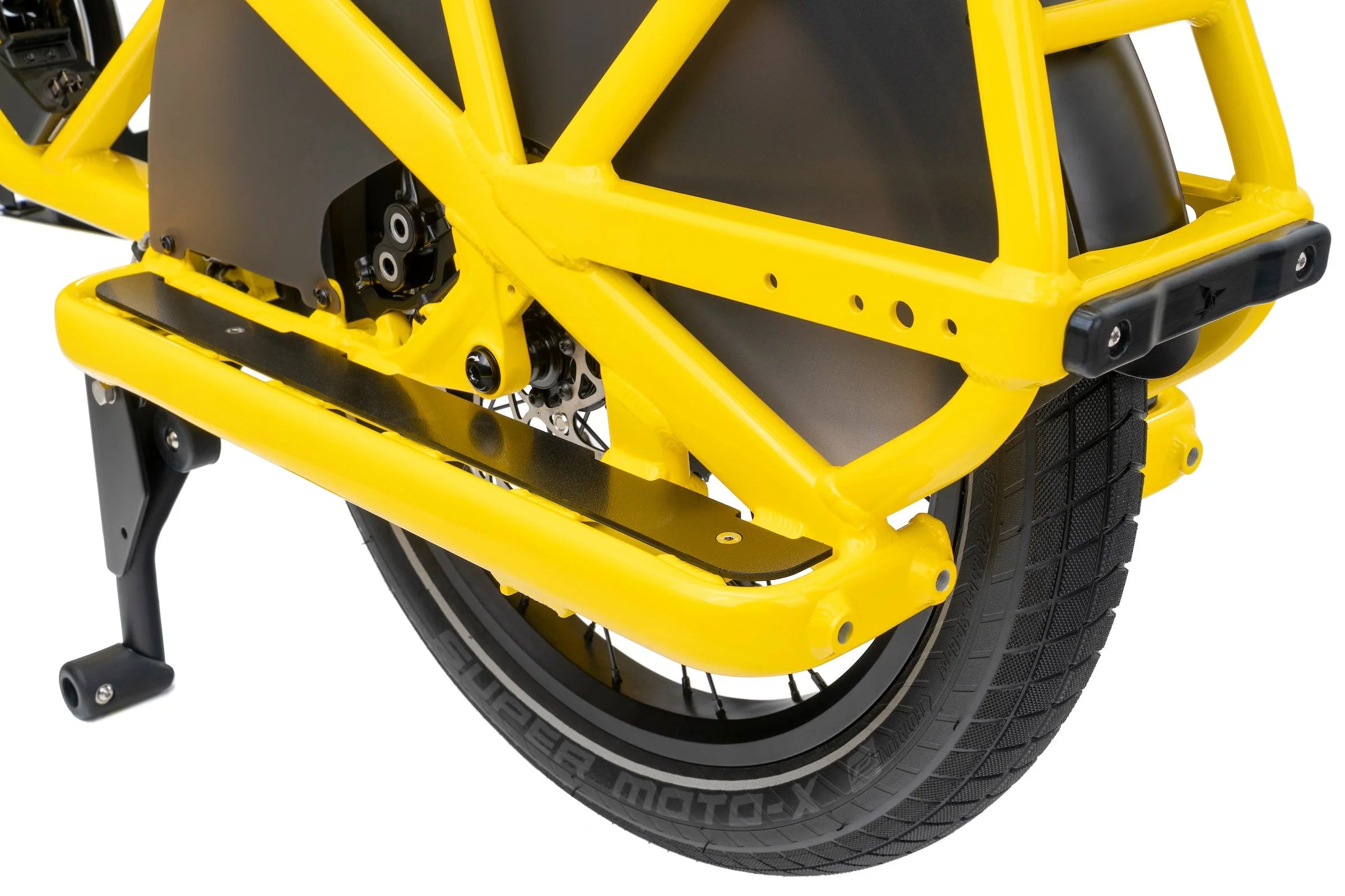 Yellow Tern cargo e-bike frame with black tire on a white background