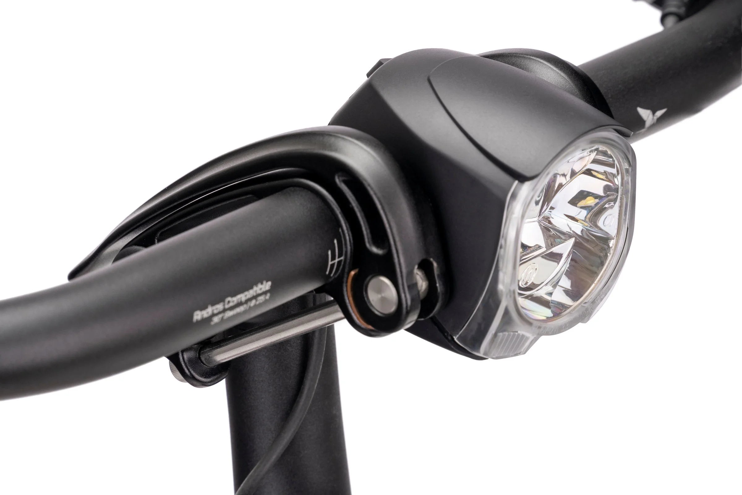 Bicycle headlight attached to handlebars on a white background