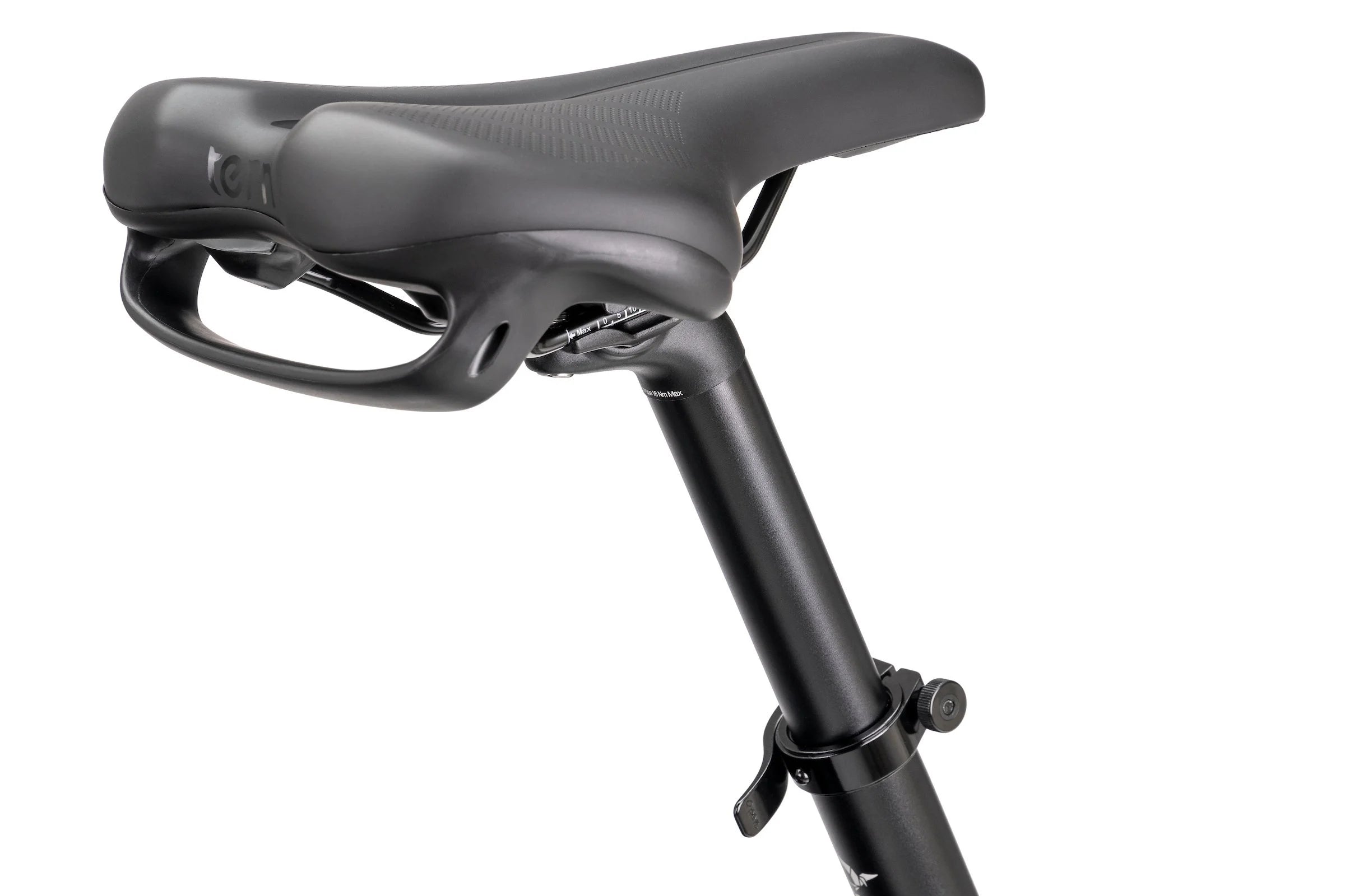 Gray bicycle seat with adjustable mechanism on a white background