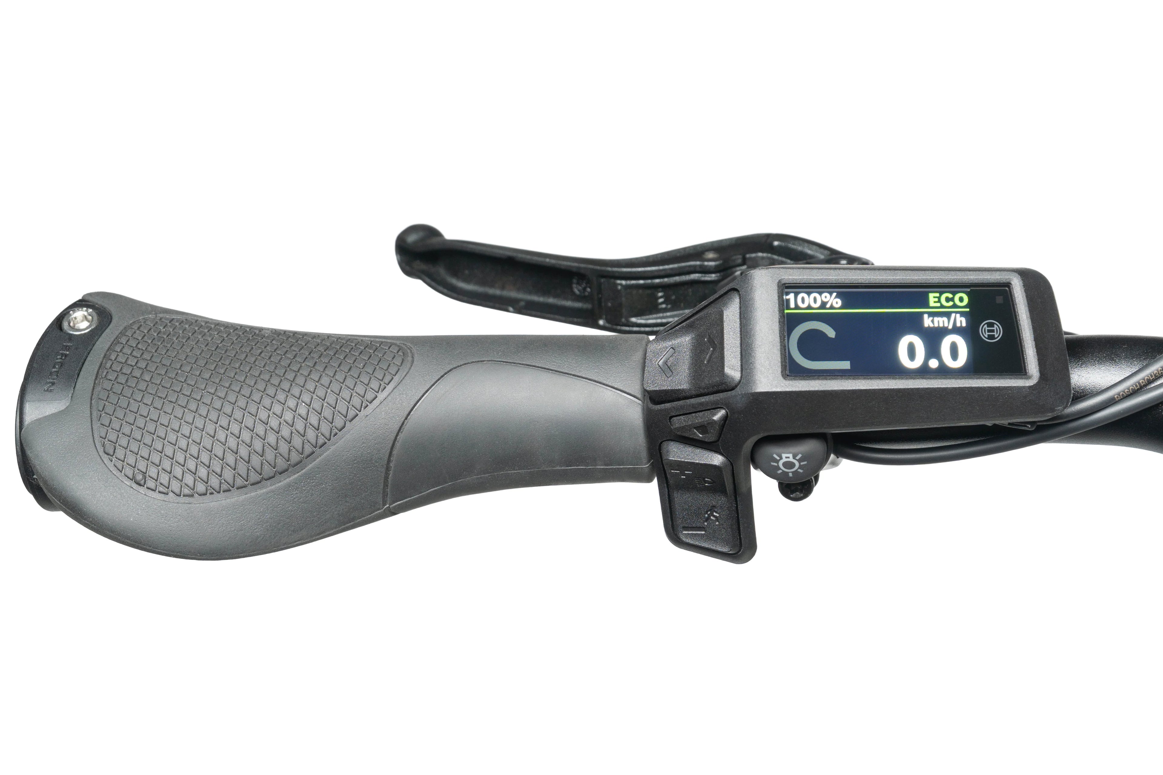 Bicycle handlebar with digital display on a white background