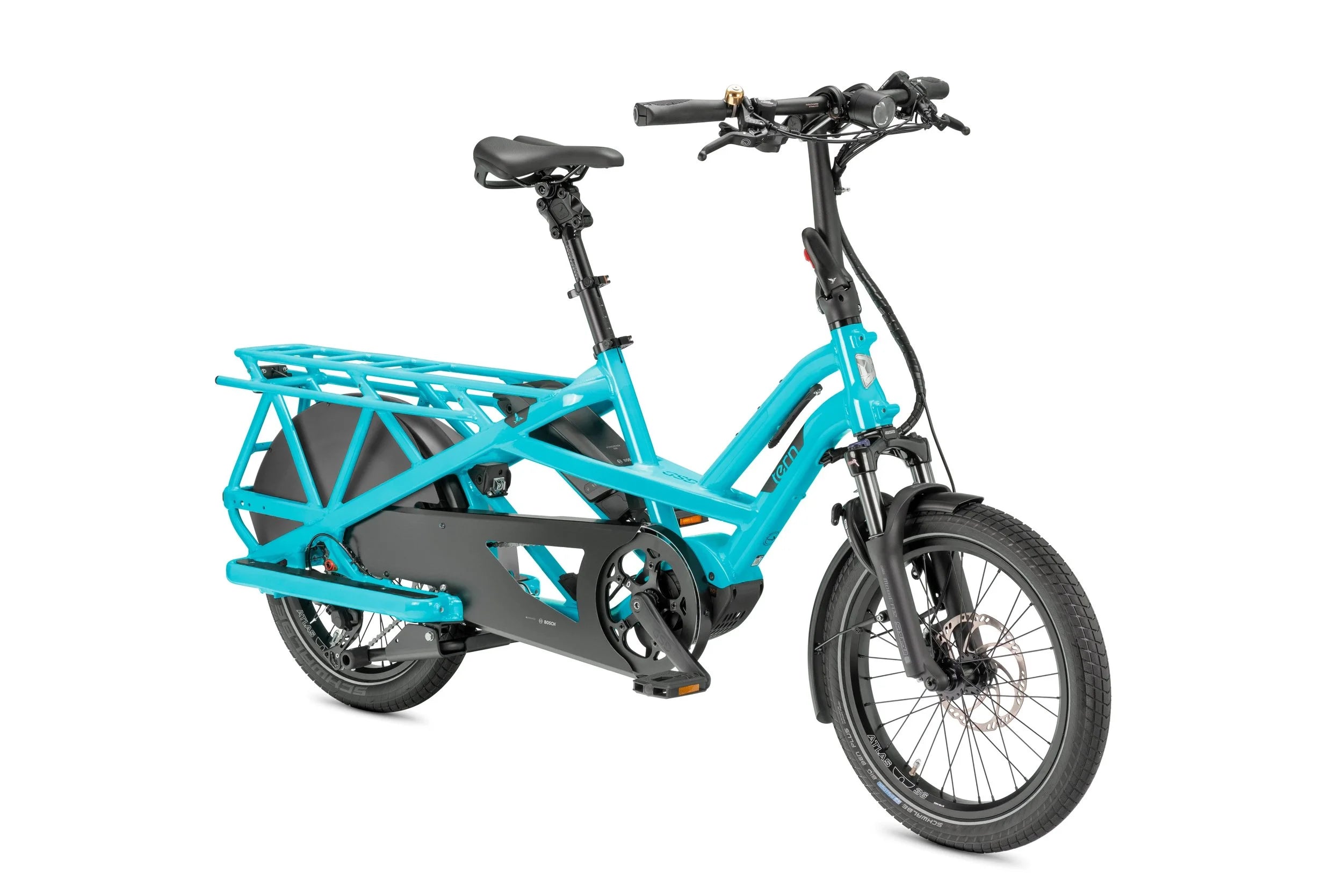 Turquoise cargo bike with black frame and components on a white background