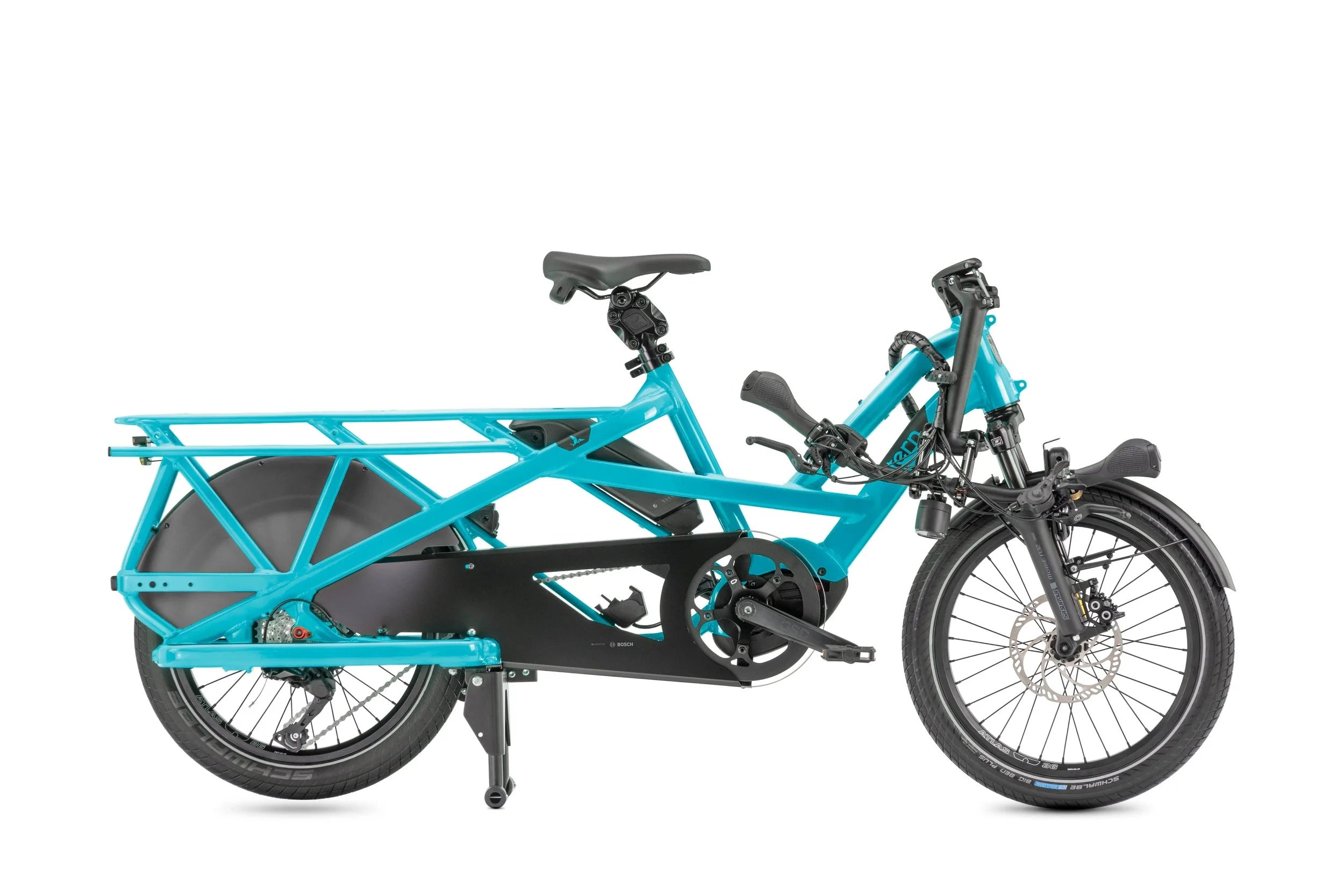 Turquoise cargo bike with black wheels on a white background