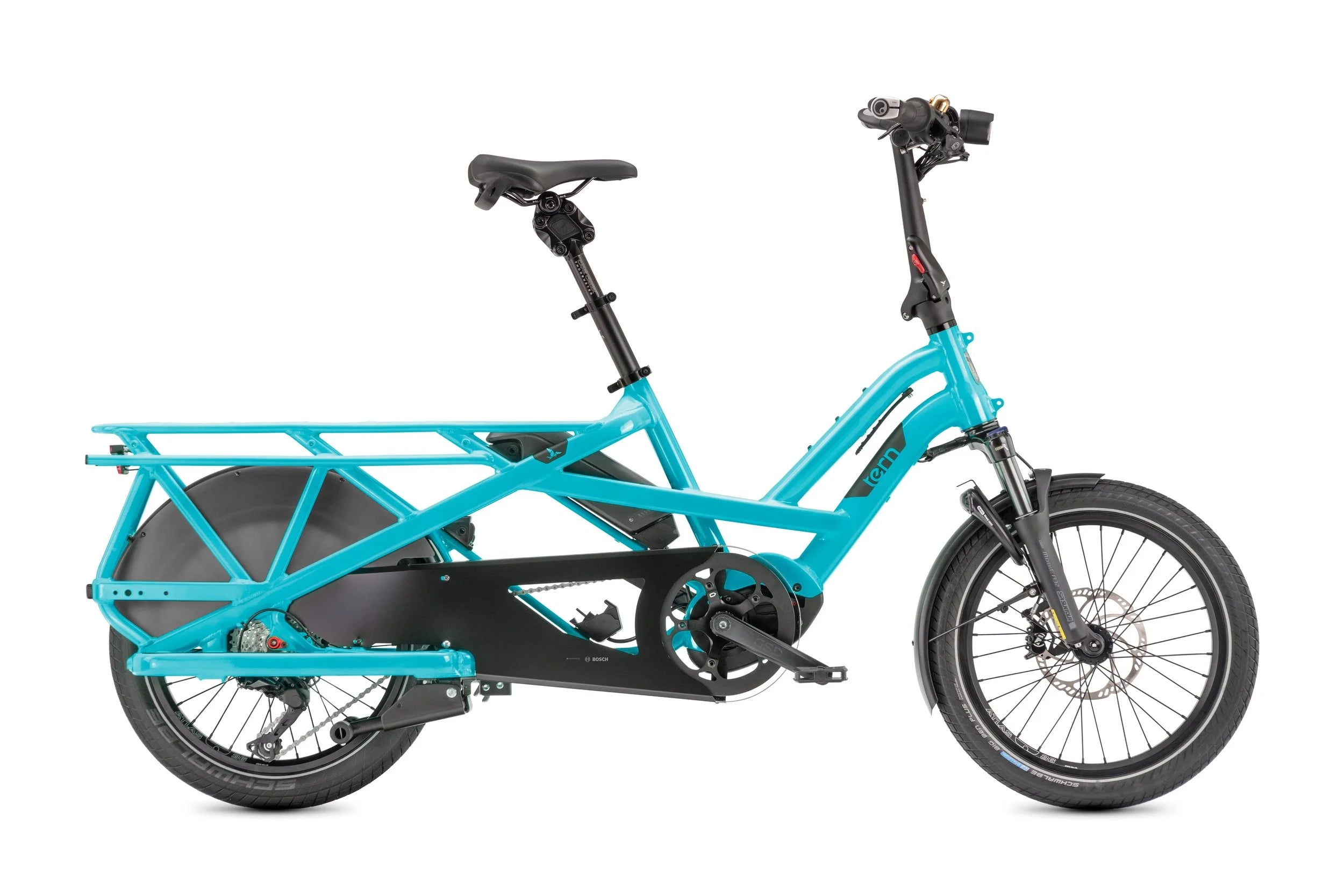 Turquoise cargo bike on a white background