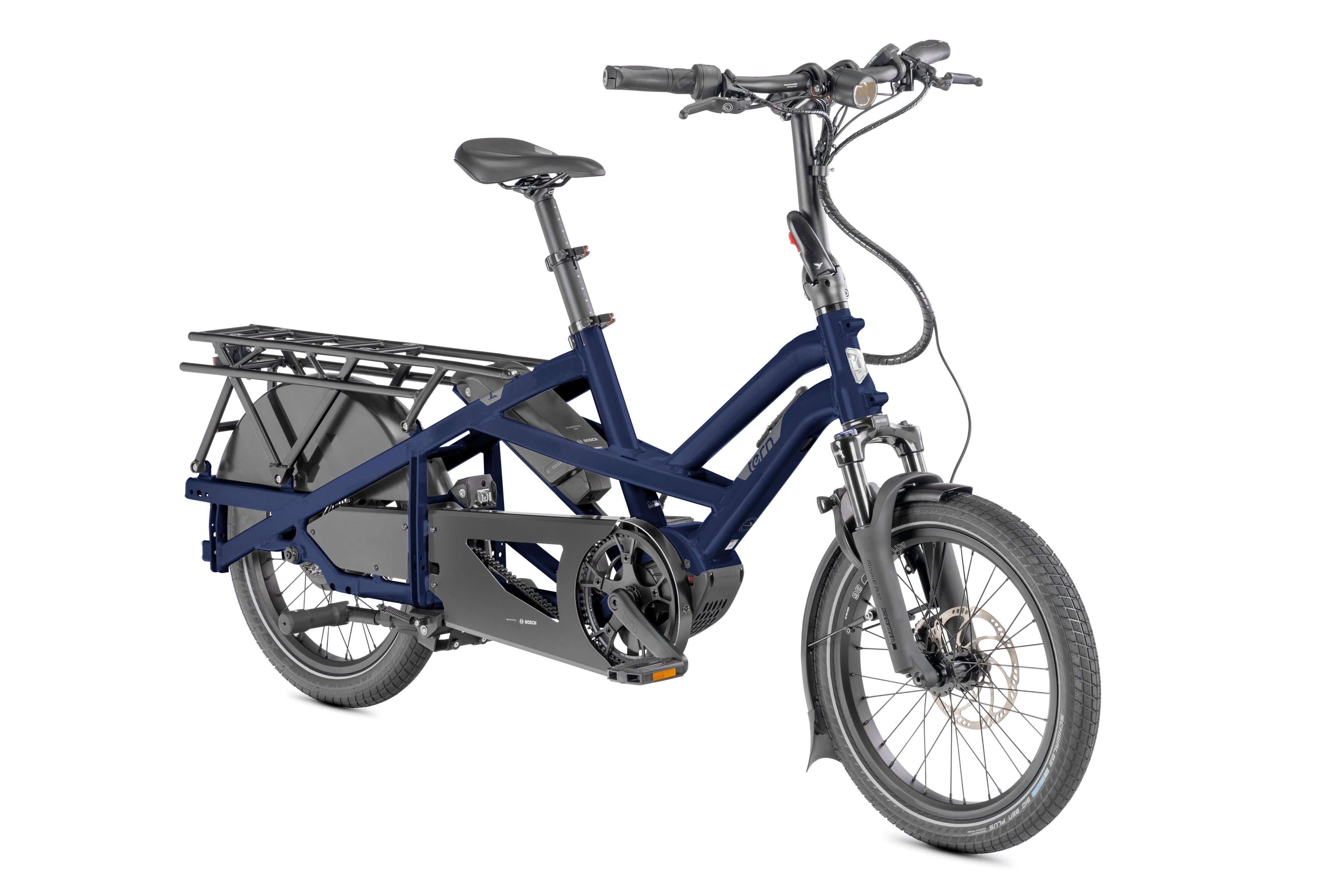 Blue Tern cargo electric bike with a black rack on a white background