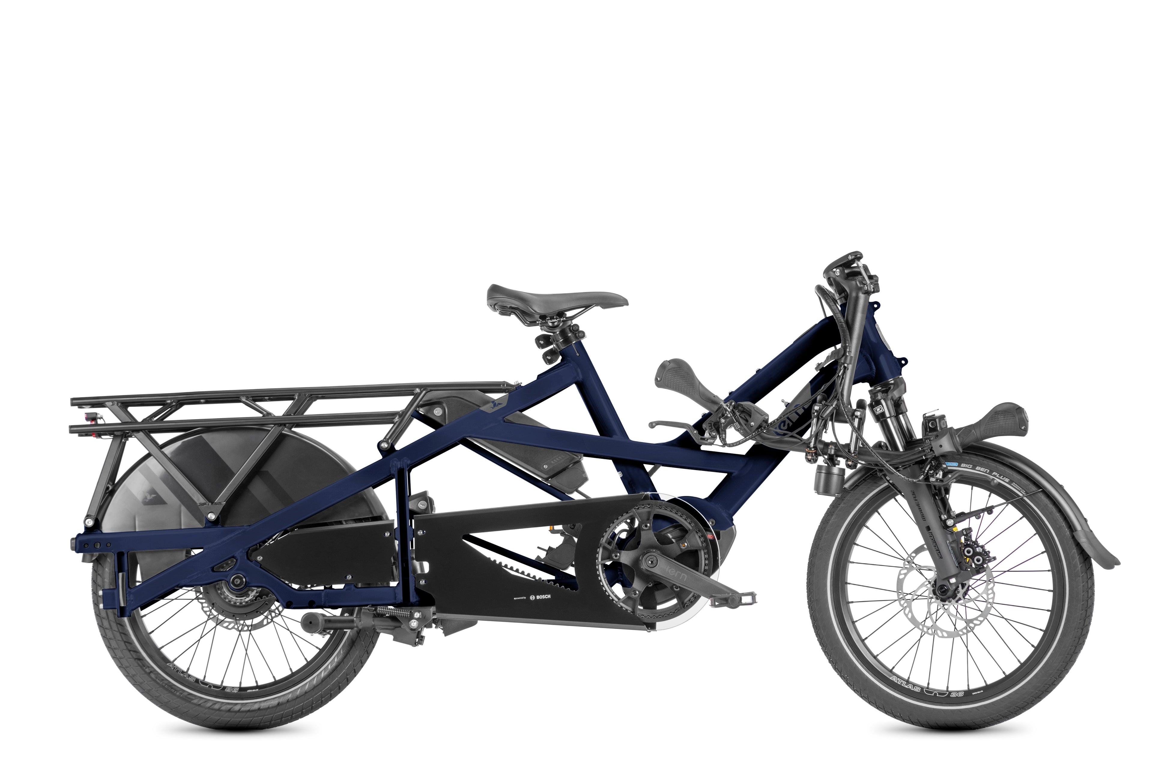 Black cargo bike with a large rear rack on a white background