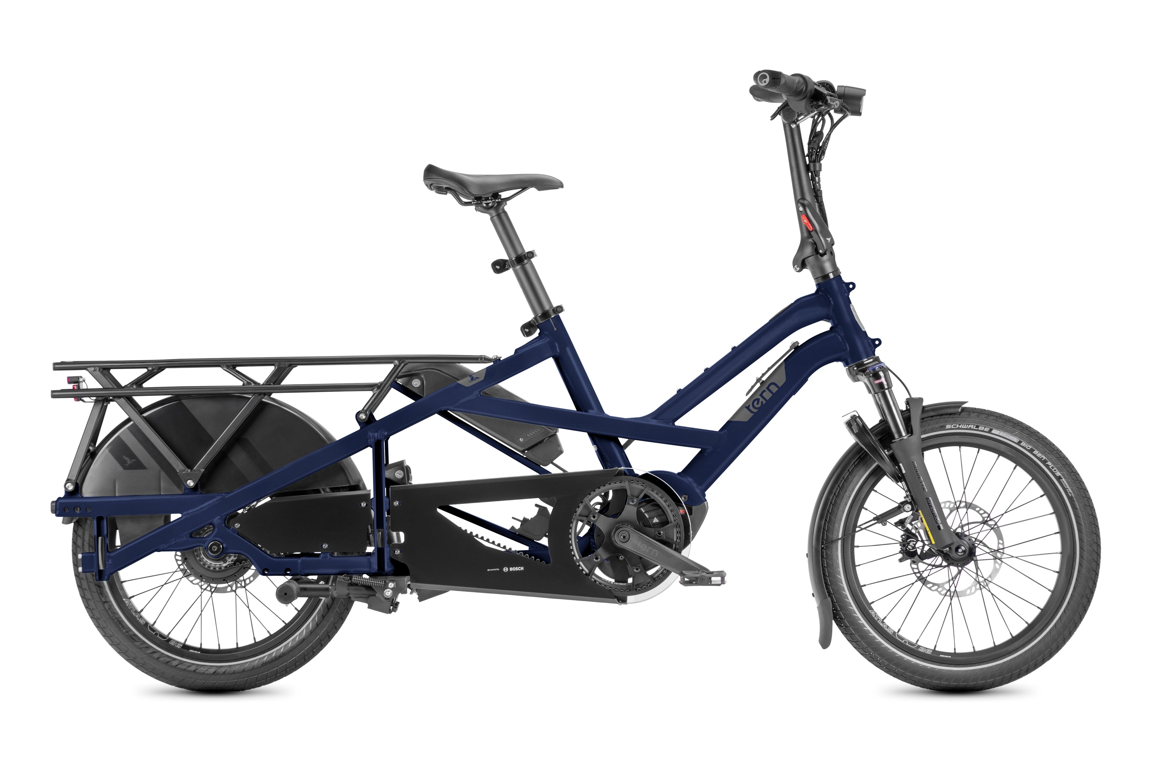 Blue Tern cargo bike with a black rack on a white background