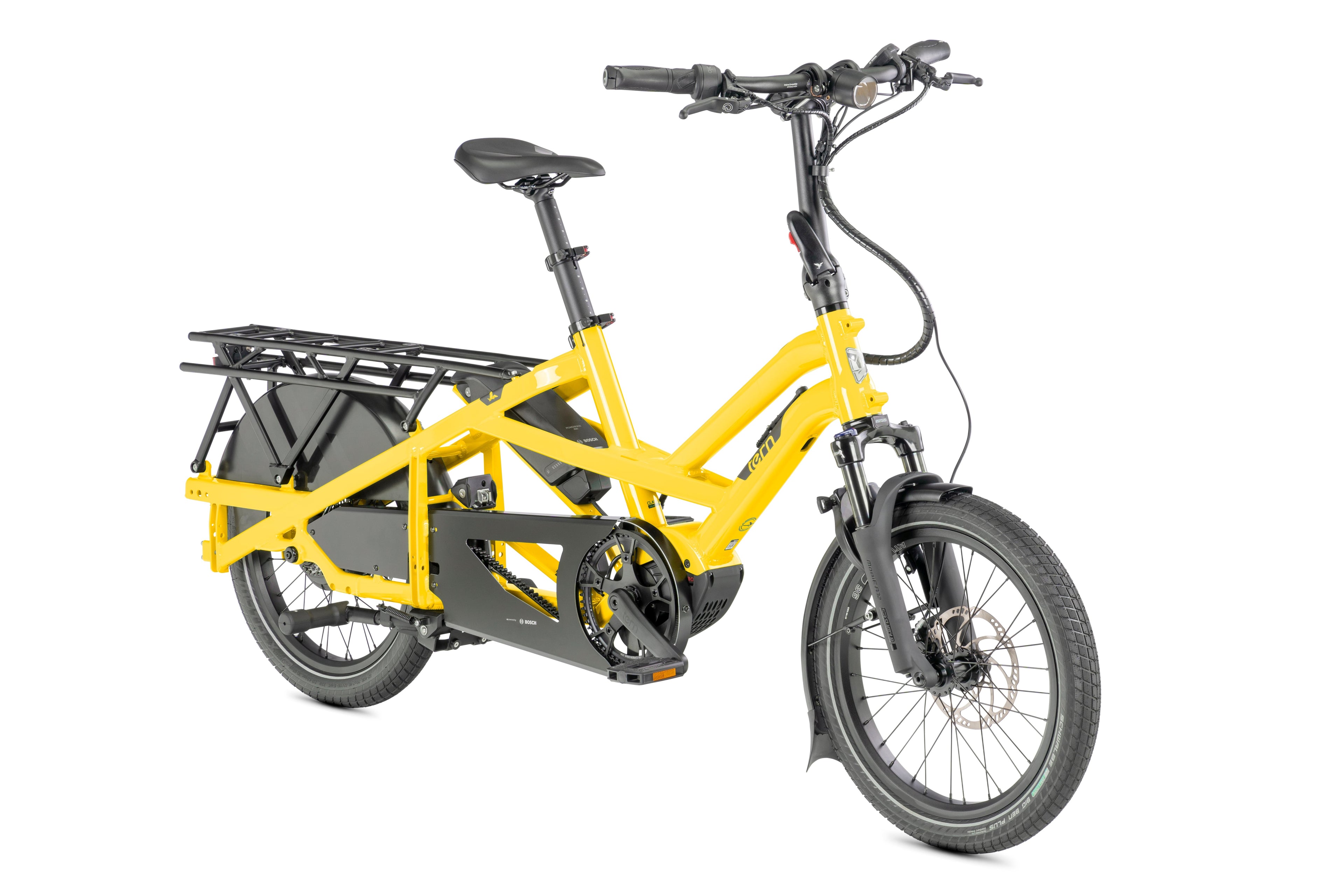 Yellow electric cargo bike with a black seat on a white background