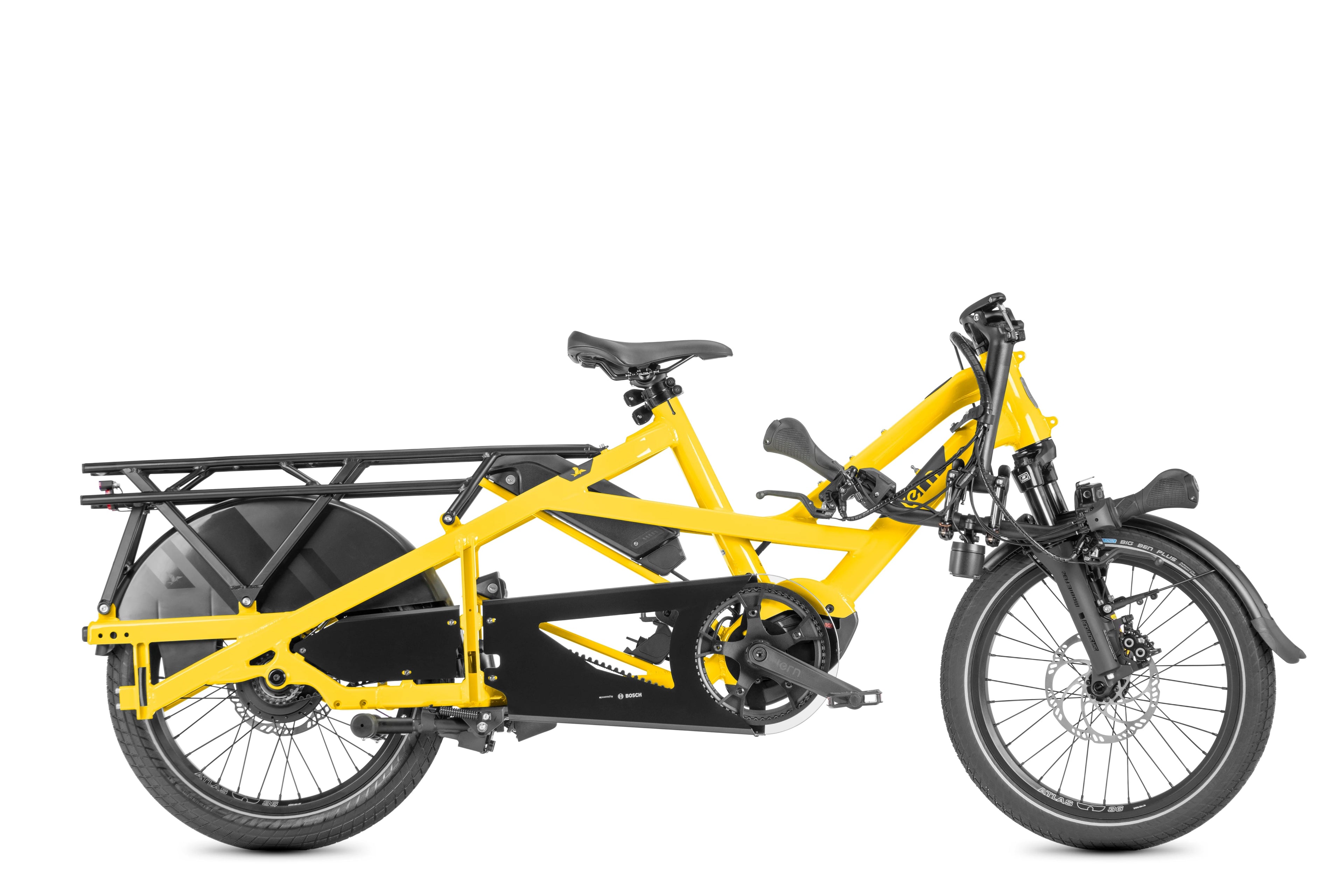 Yellow and black cargo electric bicycle on a white background